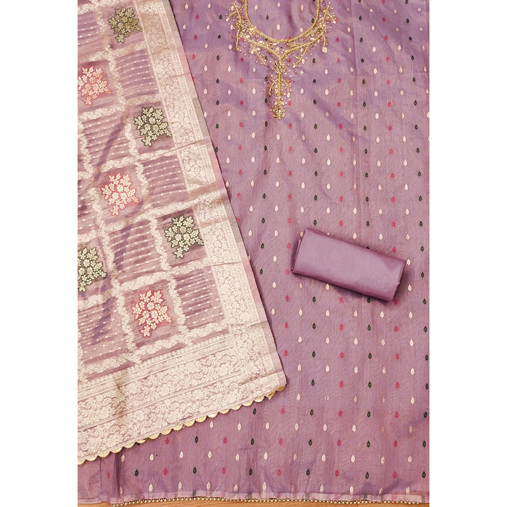 Lavender Woven With Handwork Simmer Jacquard Dress Material - Image 4
