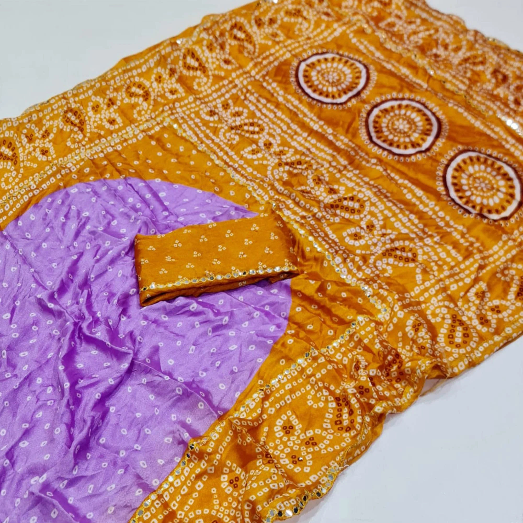 Lavender & Yellow Bandhani Printed Chiffon Saree - Image 3