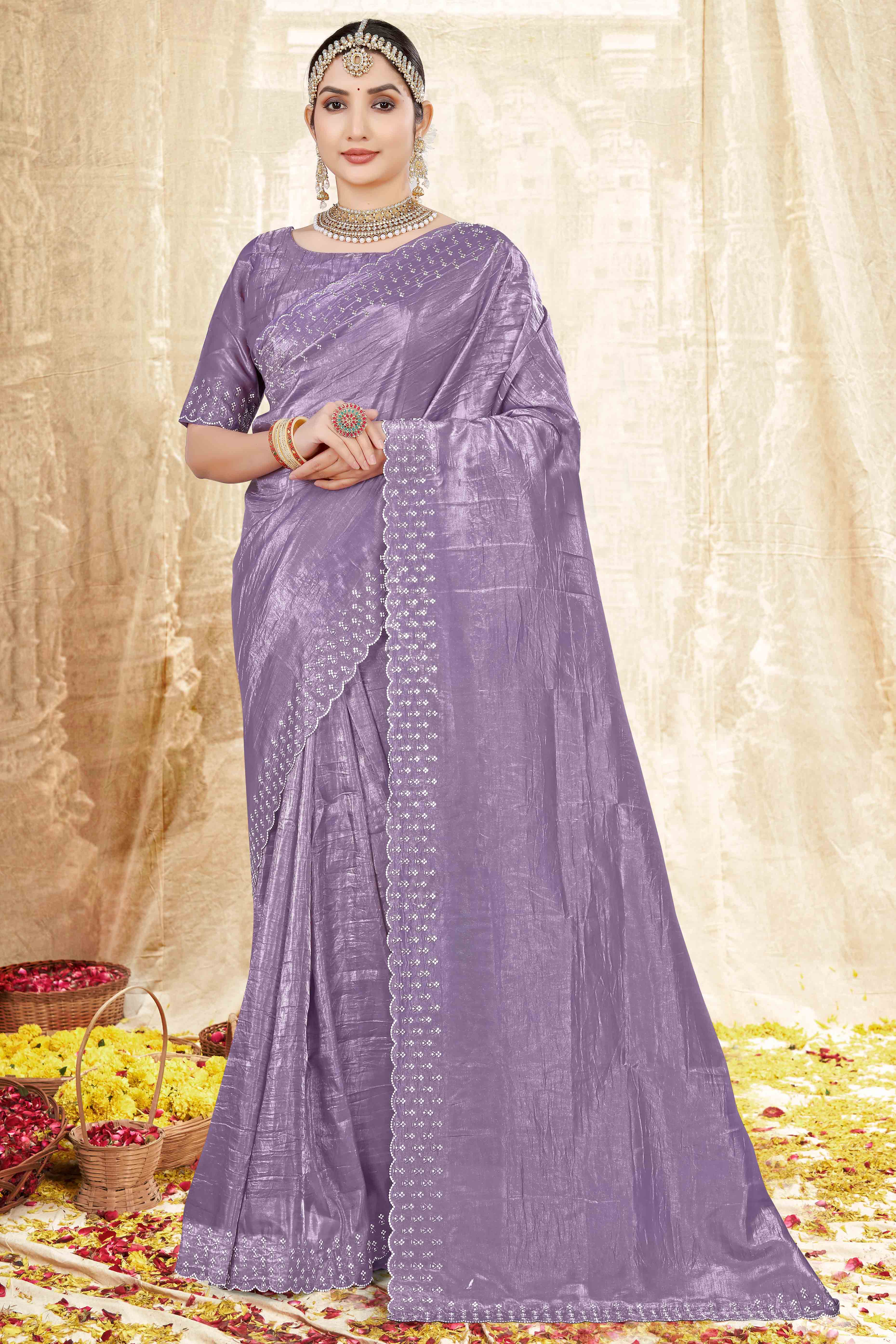 Lavender Zarkan Diamond Work Tissue Gold Crush Saree - Image 4