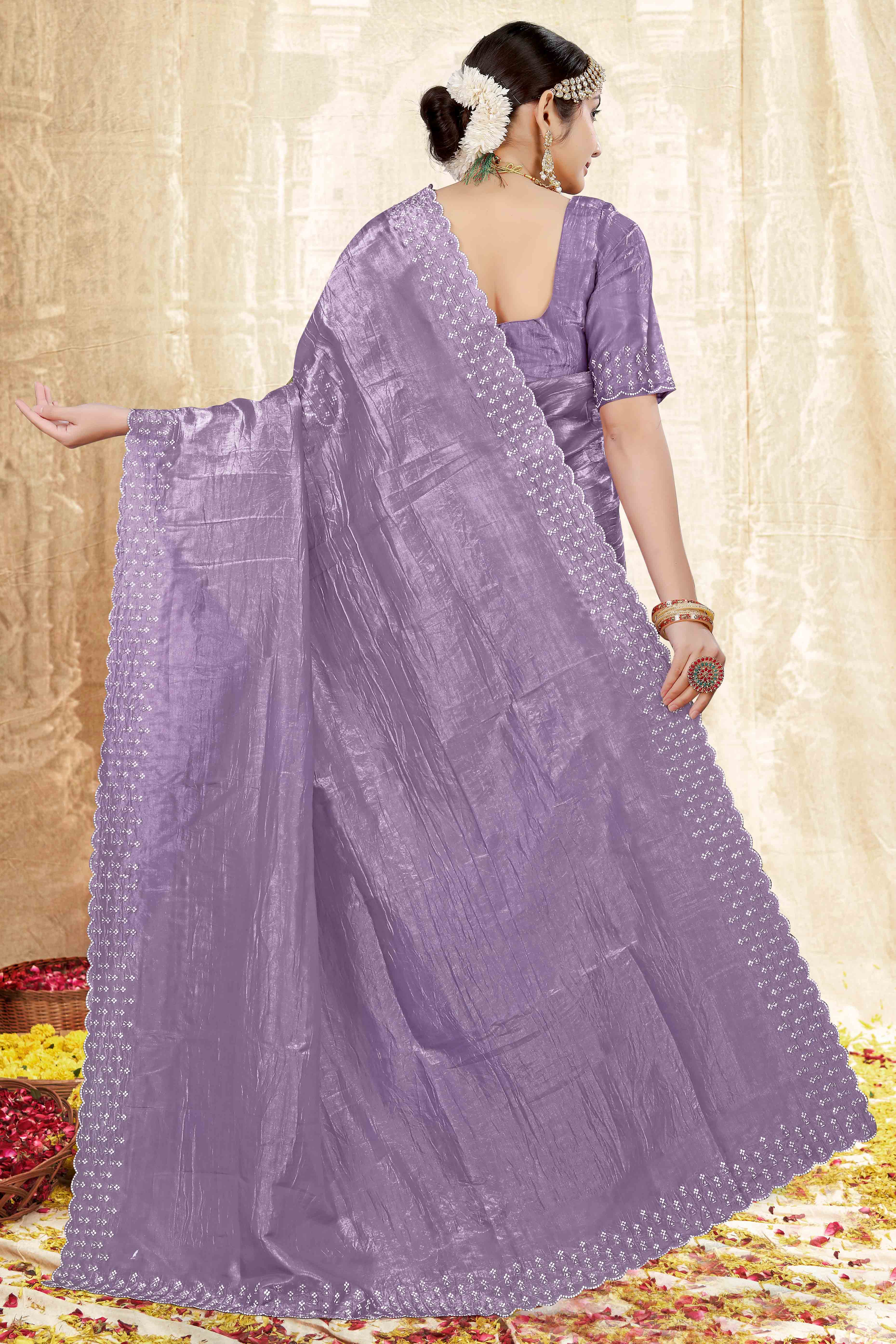 Lavender Zarkan Diamond Work Tissue Gold Crush Saree - Image 5