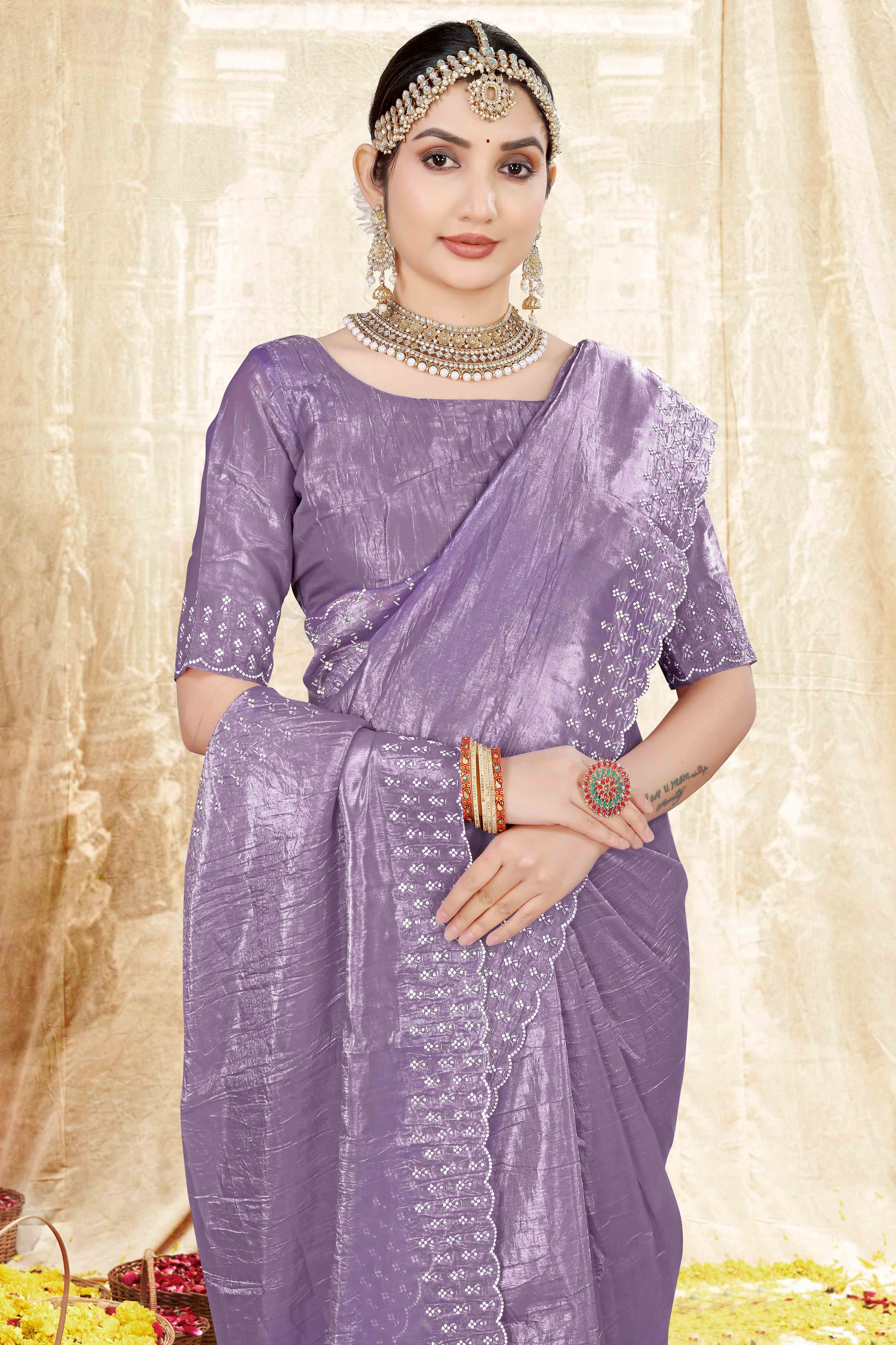 Lavender Zarkan Diamond Work Tissue Gold Crush Saree - Image 6
