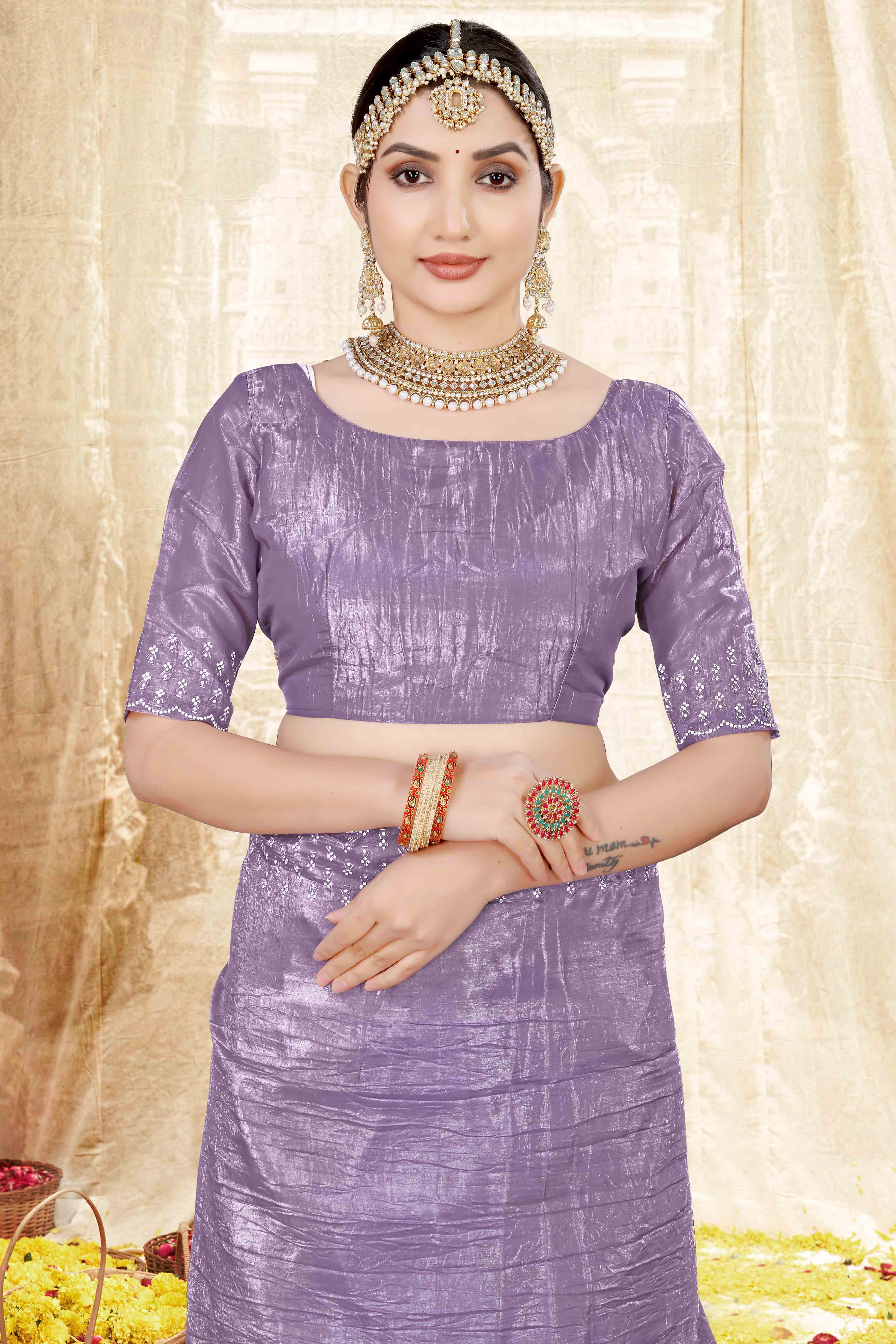 Lavender Zarkan Diamond Work Tissue Gold Crush Saree - Image 7