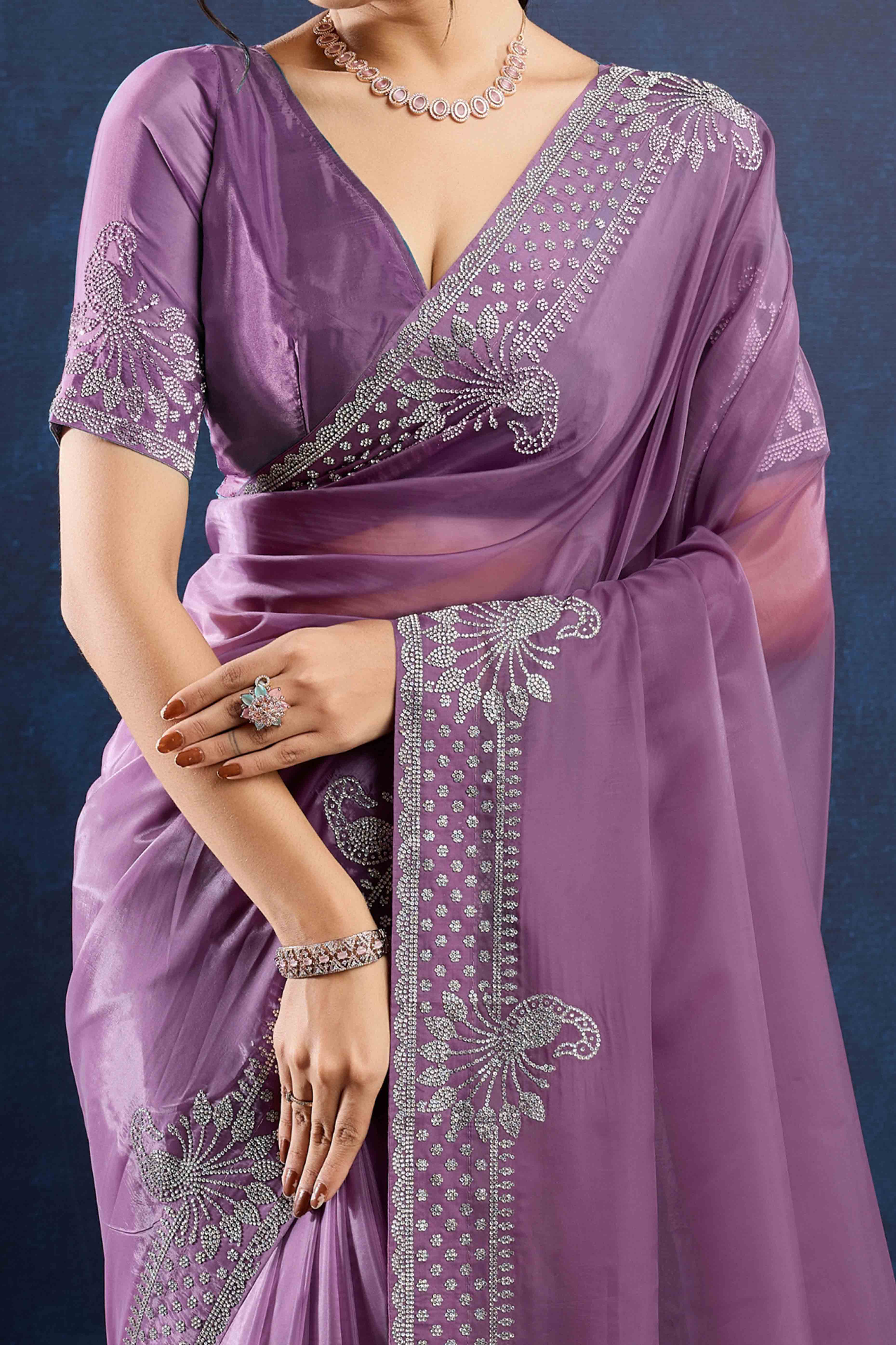 Lavender Zarkan Diamond Work Tissue Silk Saree - Image 2