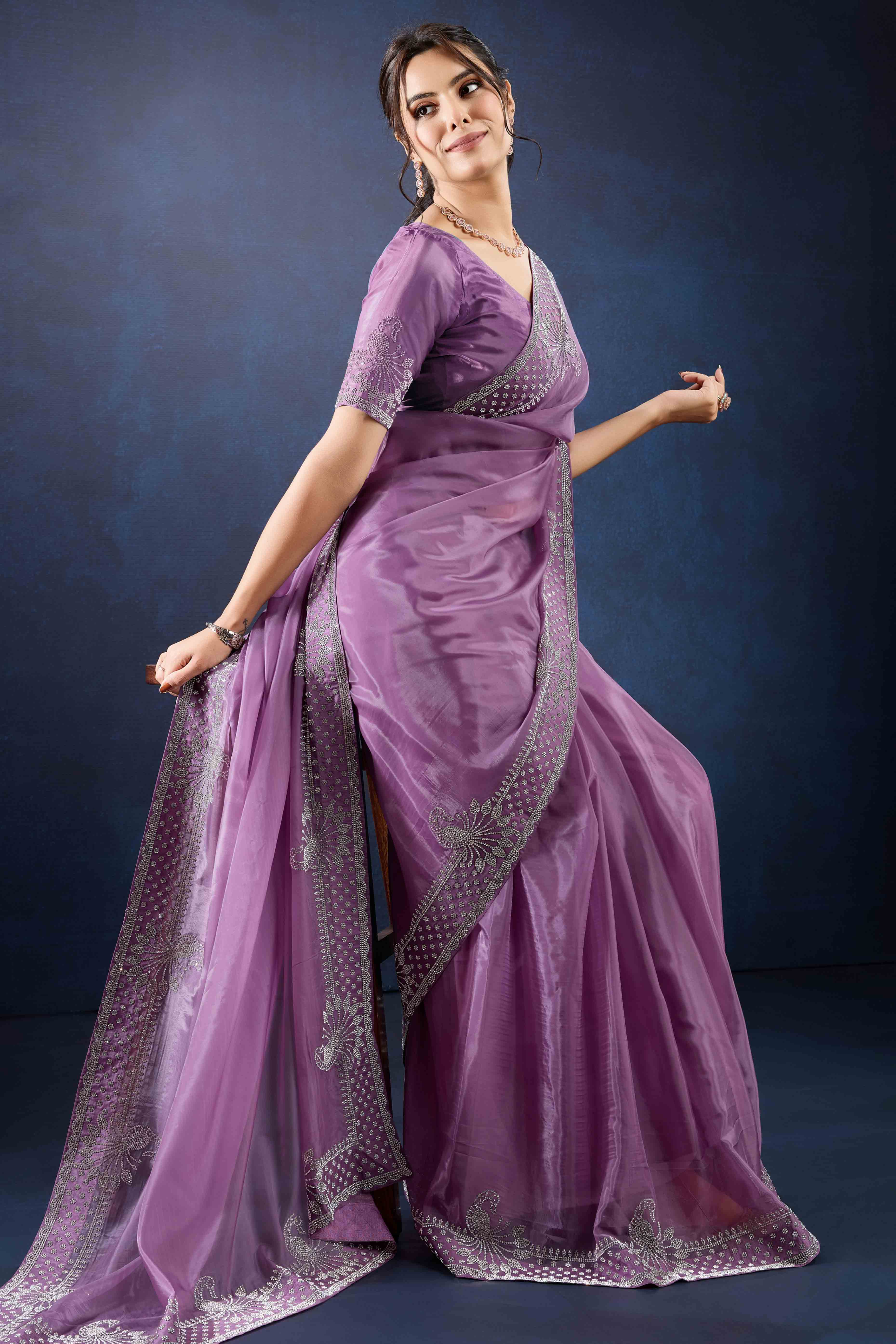 Lavender Zarkan Diamond Work Tissue Silk Saree - Image 3