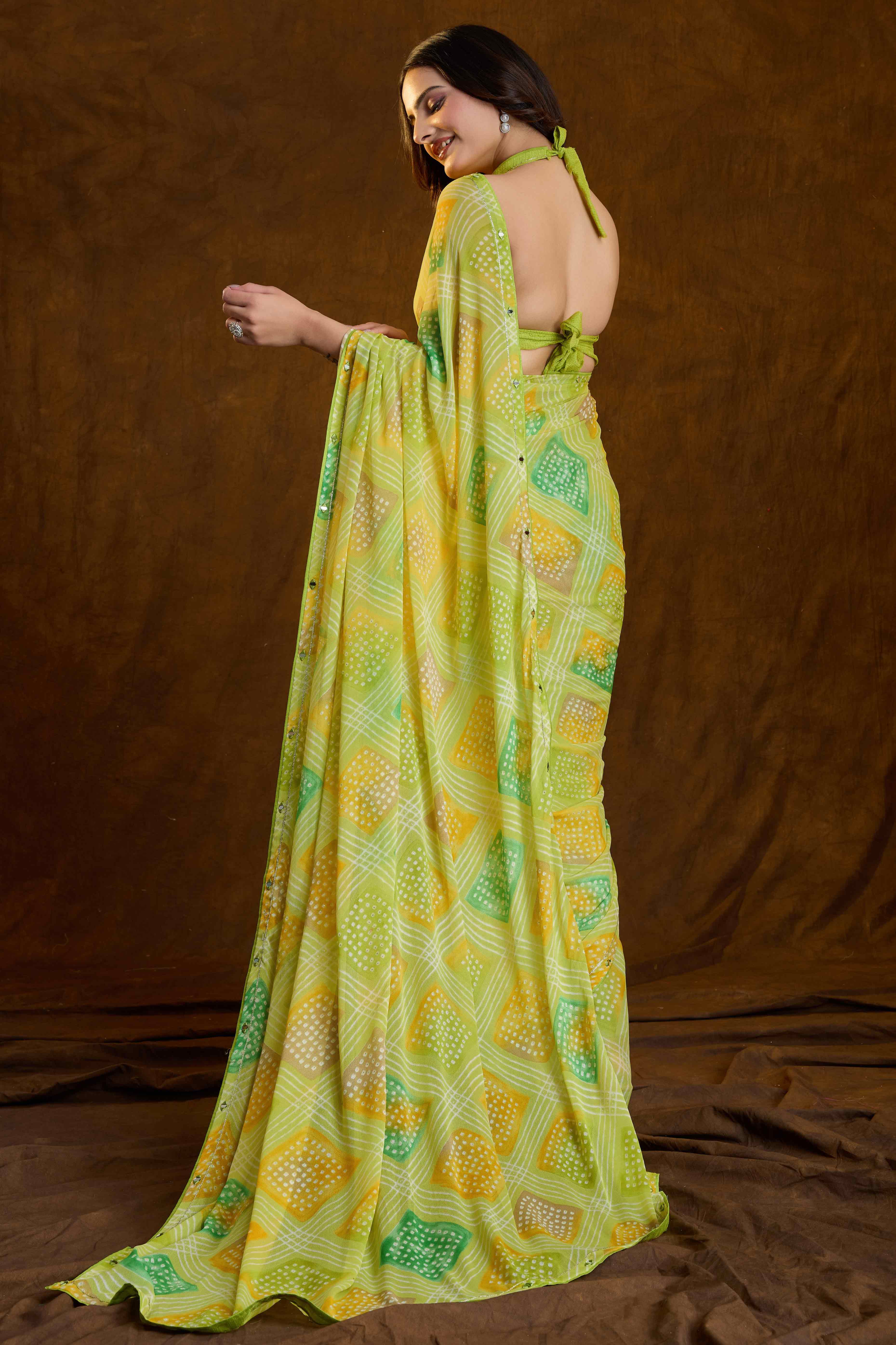 Lemon Green Bandhani Printed Chiffon Saree With Sparkling Mirror Work Border - Image 3