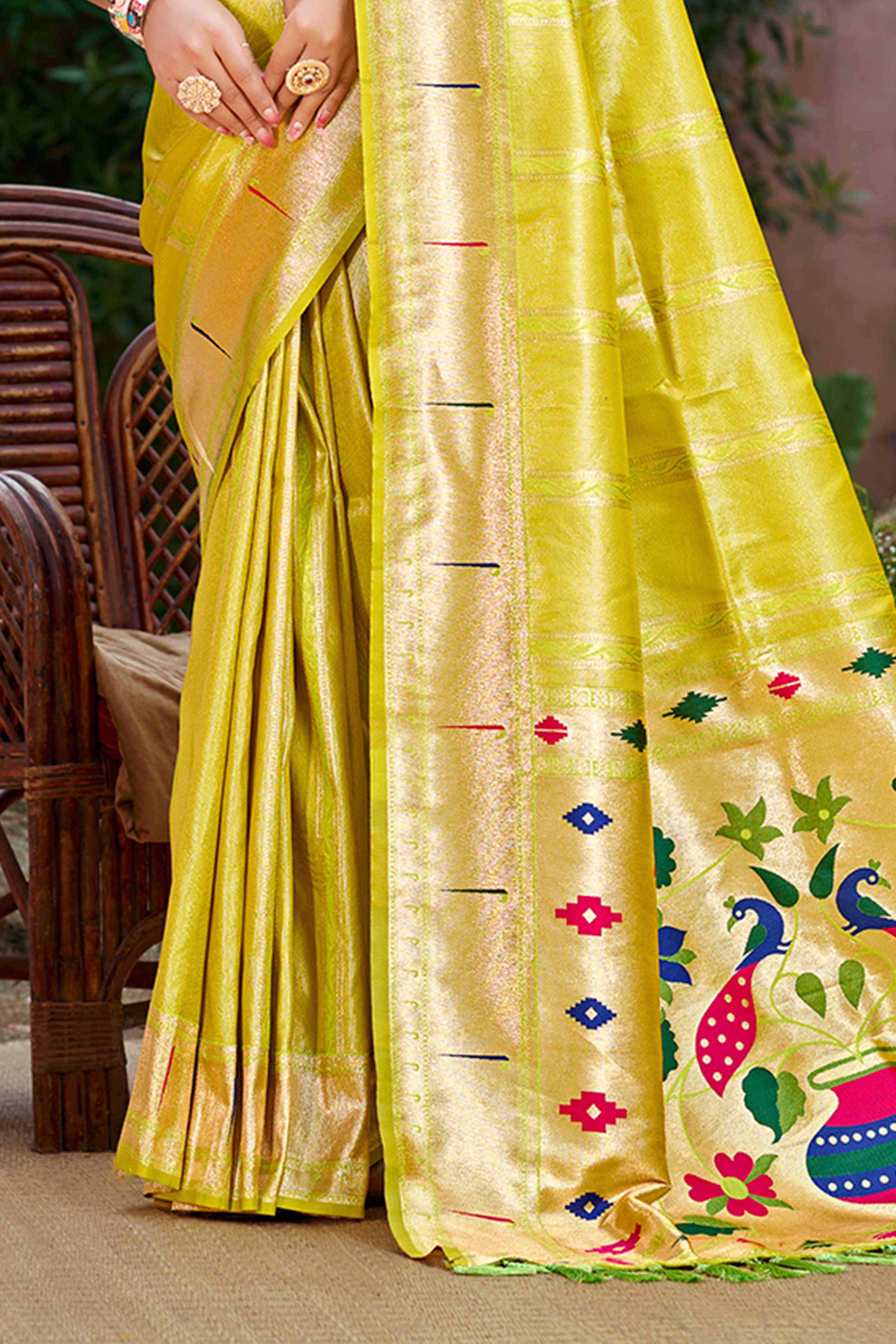 Lemon Green Designer Weaving Silk Blend Saree Accented With Graceful Peacock & Floral Motif Pallu - Image 5