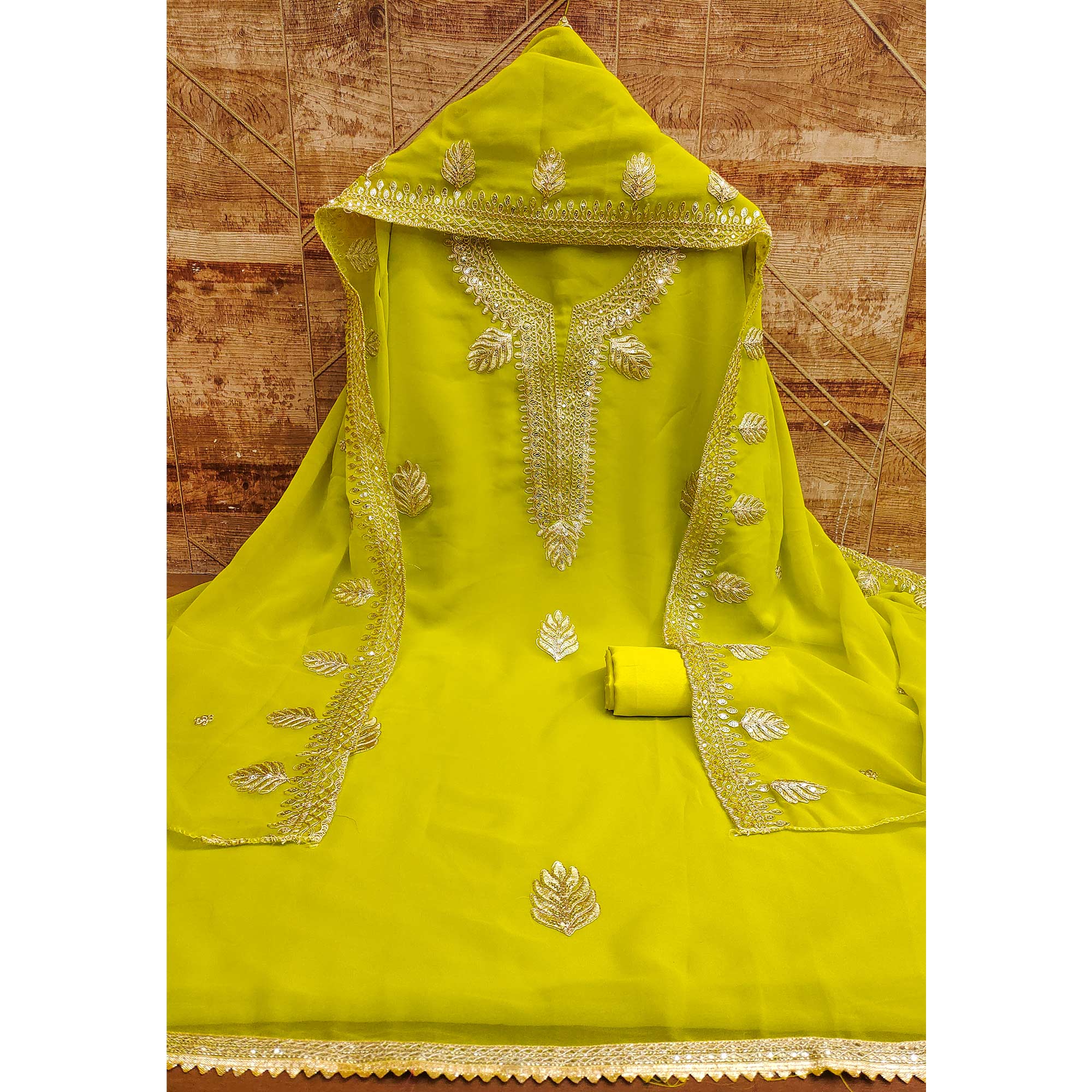Lemon Green Ethnic Dress Material in Georgette with Embroidery - Image 4