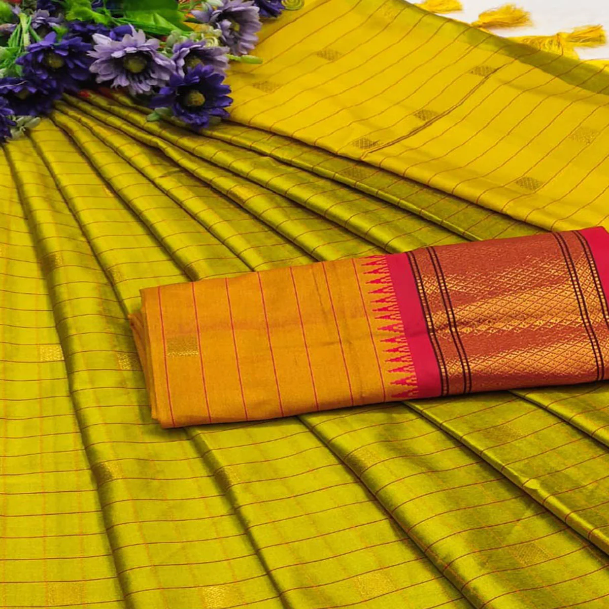 Lemon Green & Red Woven Cotton Silk Saree With Tassels - Image 2