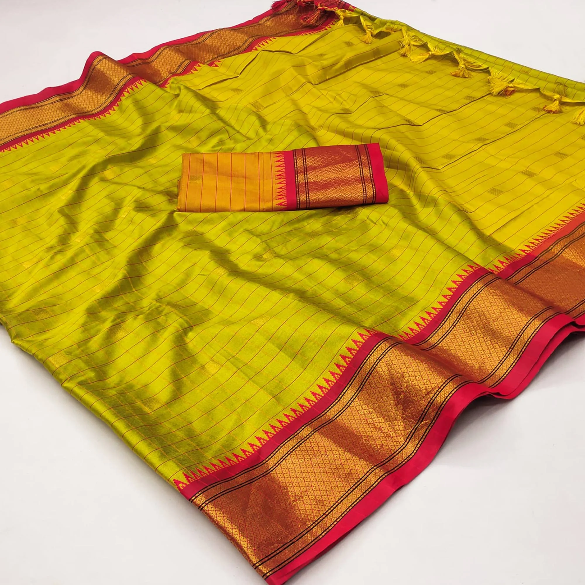 Lemon Green & Red Woven Cotton Silk Saree With Tassels - Image 3