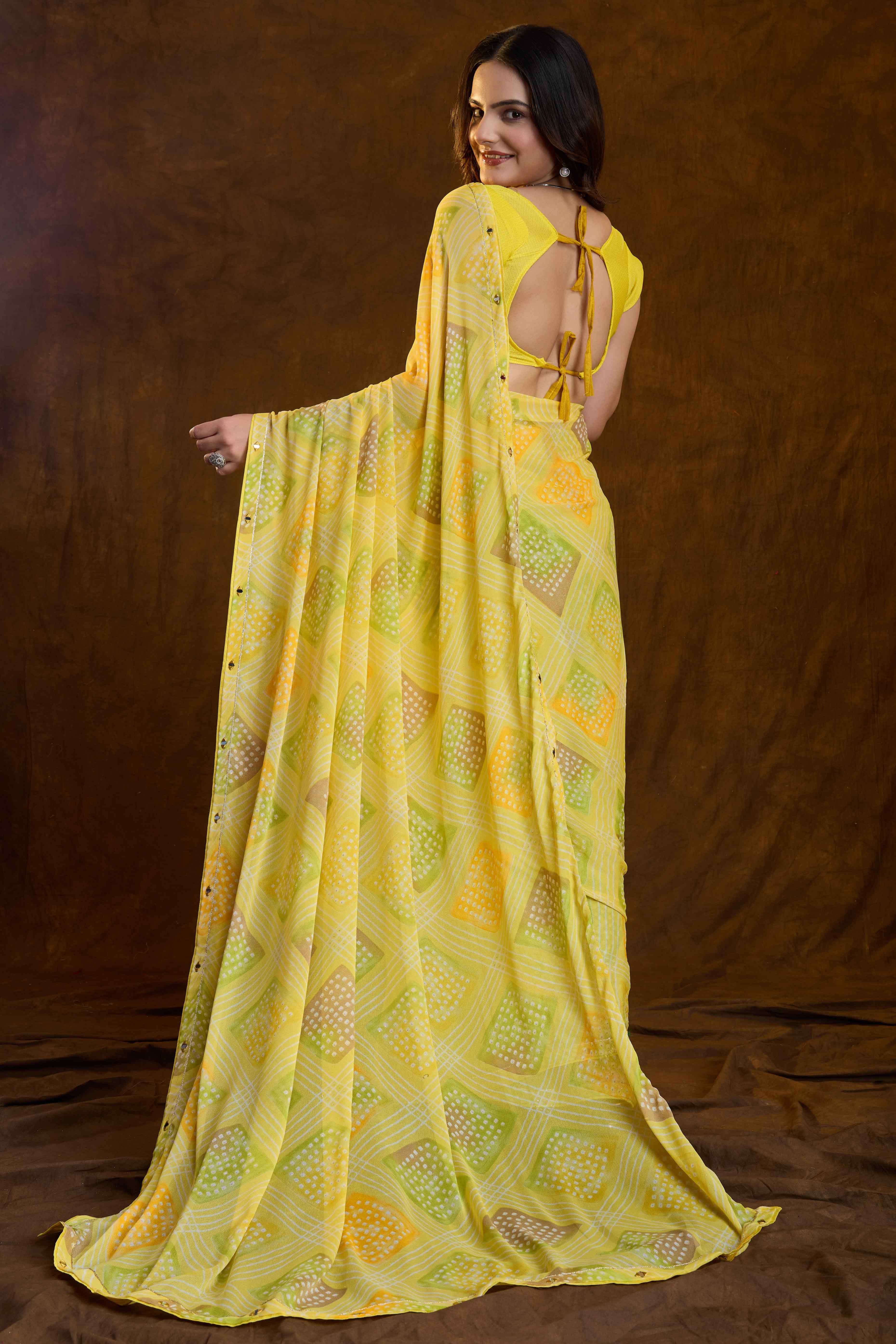 Lemon Yellow Bandhani Printed Chiffon Saree With Sparkling Mirror Work Border - Image 3