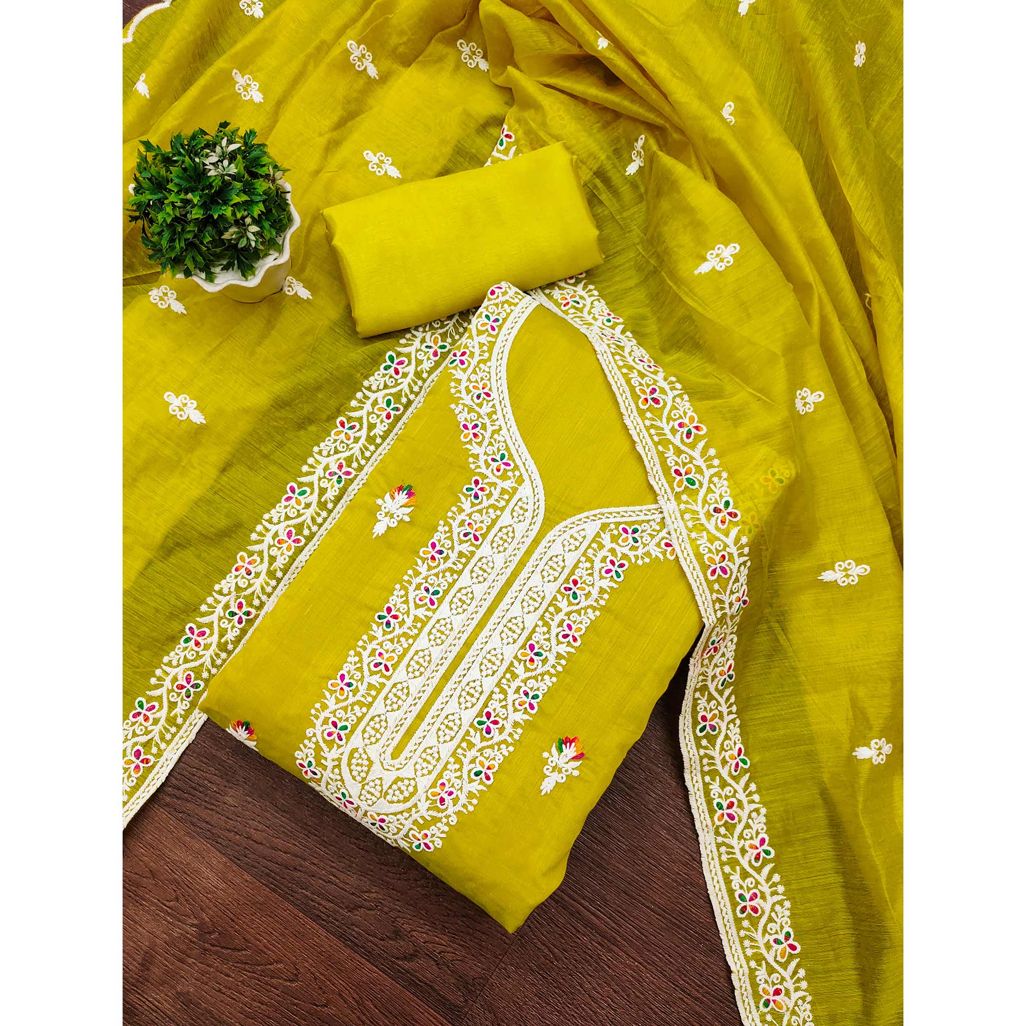 Lemon Yellow Floral Embroidered Chanderi Dress Material - Image 3
