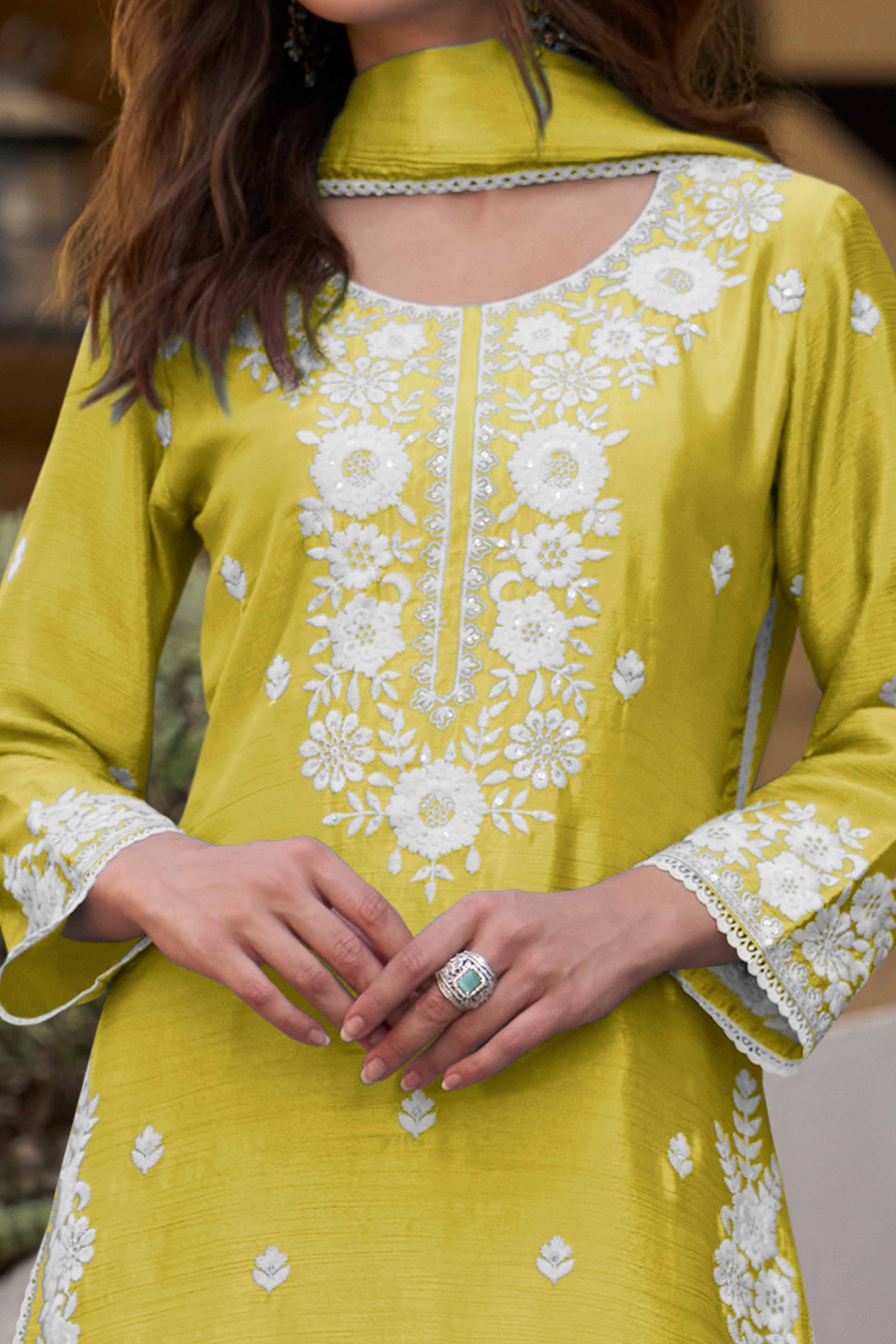 Lemon Yellow Floral Luxe Embroidered Chinon Sharara Suit - Image 2