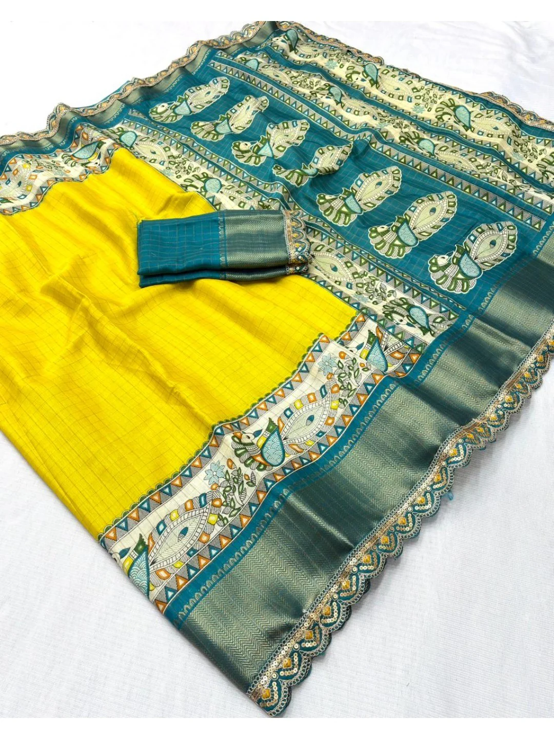 Lemon Yellow Floral Printed Dola Silk Saree With Sequins Border - Image 2