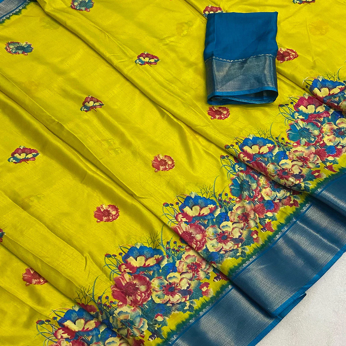 Lemon Yellow Floral Printed Dola Silk Saree With Zari Border - Image 2