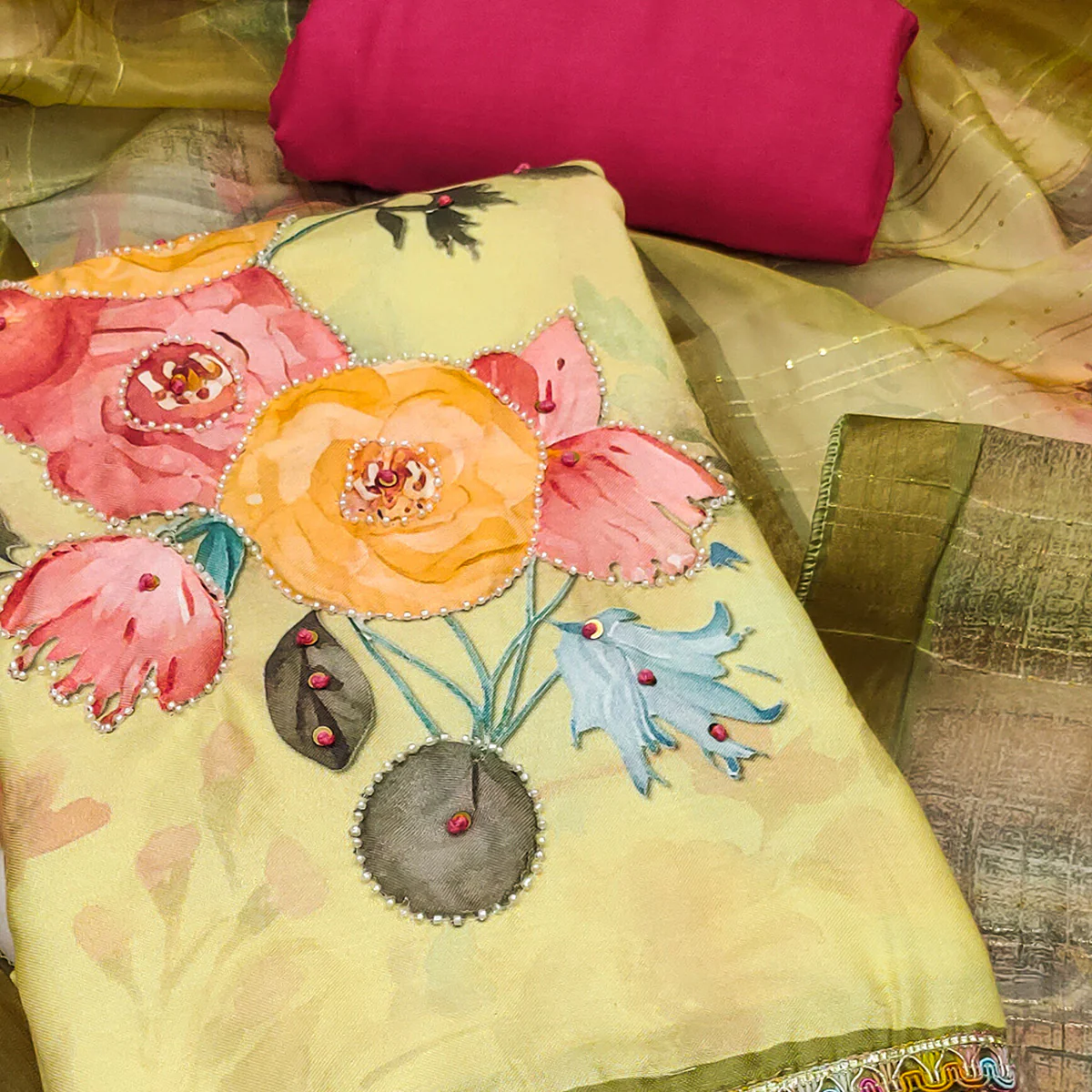 Lemon Yellow Pure Cotton Dress Material With Floral Digital Print & Fine Handwork - Image 2