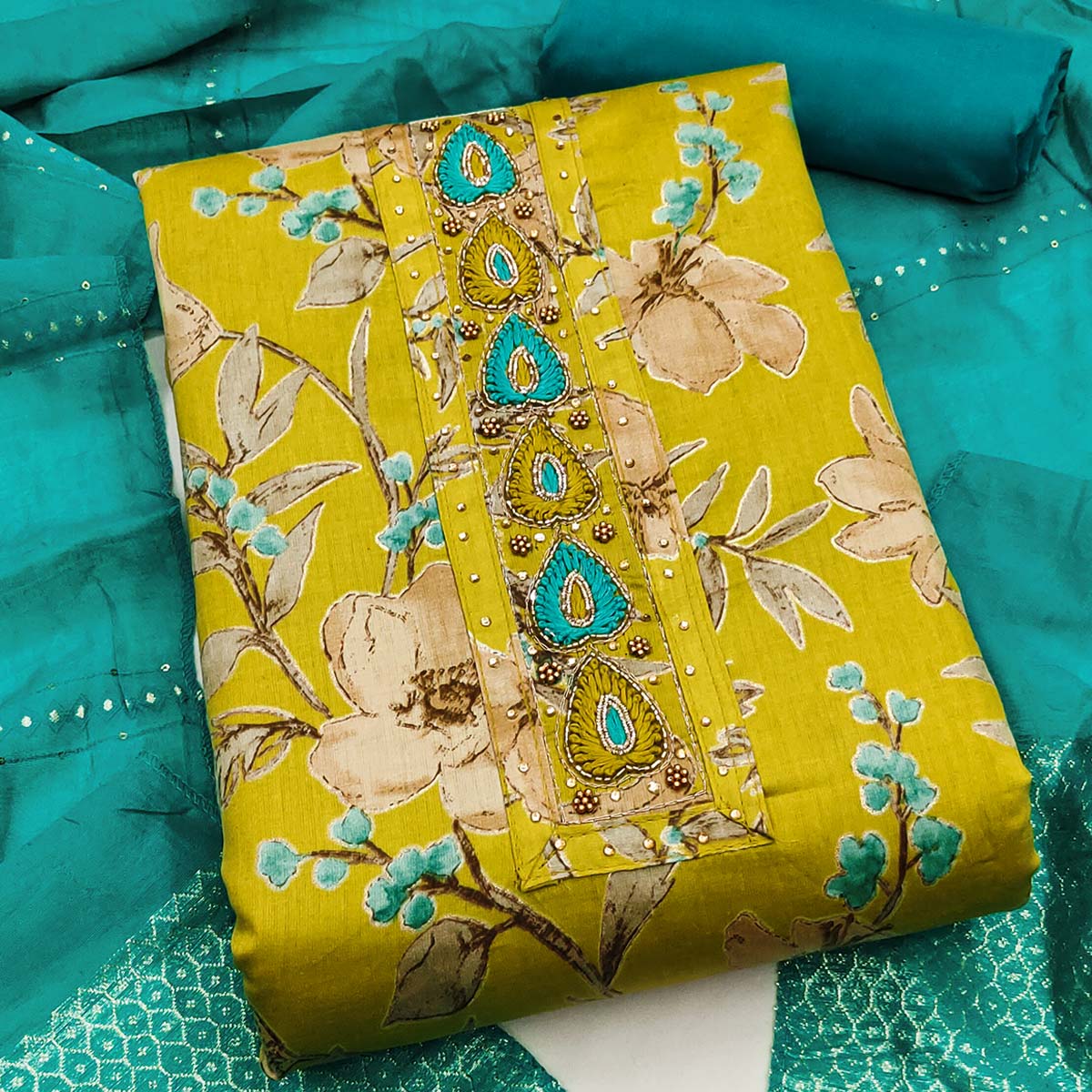 Lemon Yellow Pure Cotton Dress Material With Floral Print & Delicate Neck Hand Embroidery - Image 2