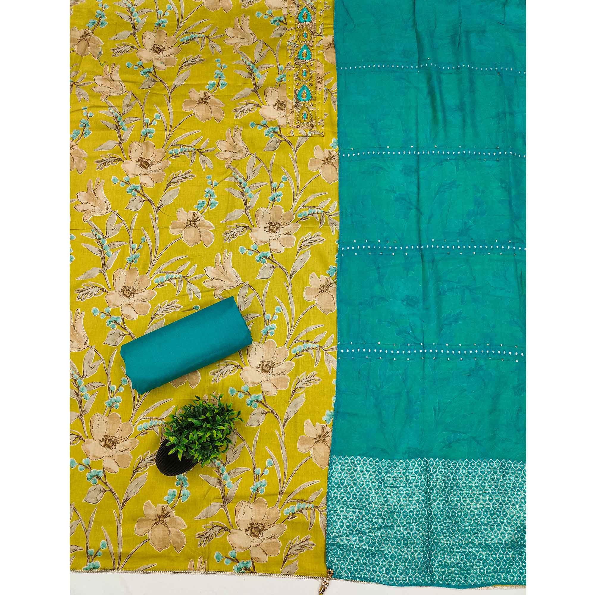 Lemon Yellow Pure Cotton Dress Material With Floral Print & Delicate Neck Hand Embroidery - Image 3