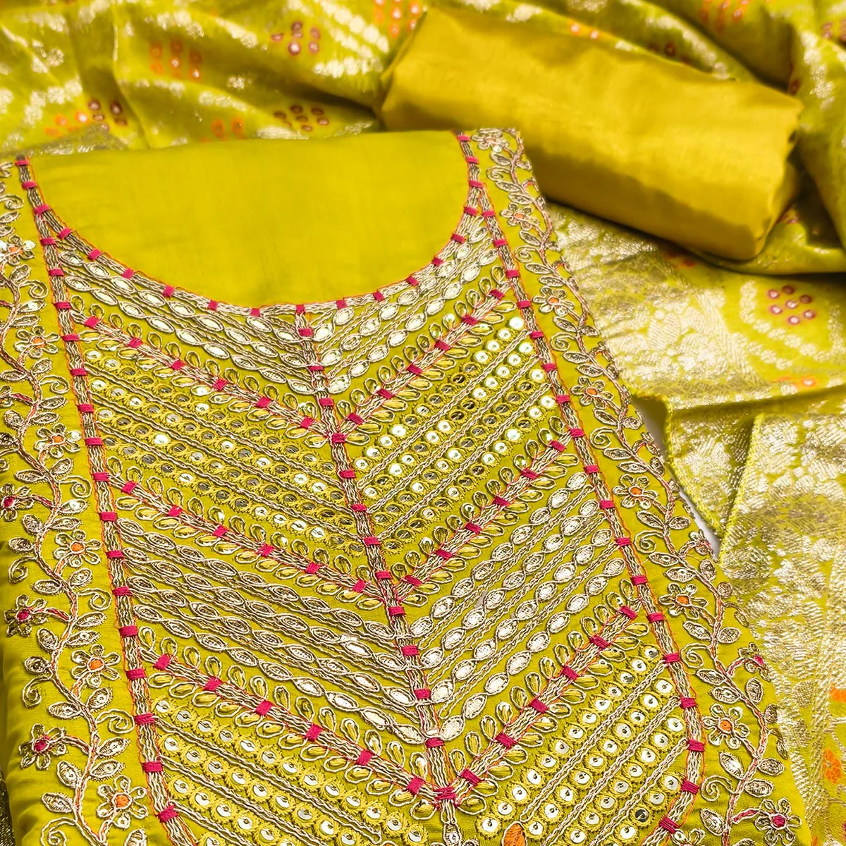 Lemon Yellow Silk Blend Dress Material Adorned With Floral Cording Embroidery & Elegant Sequins - Image 2