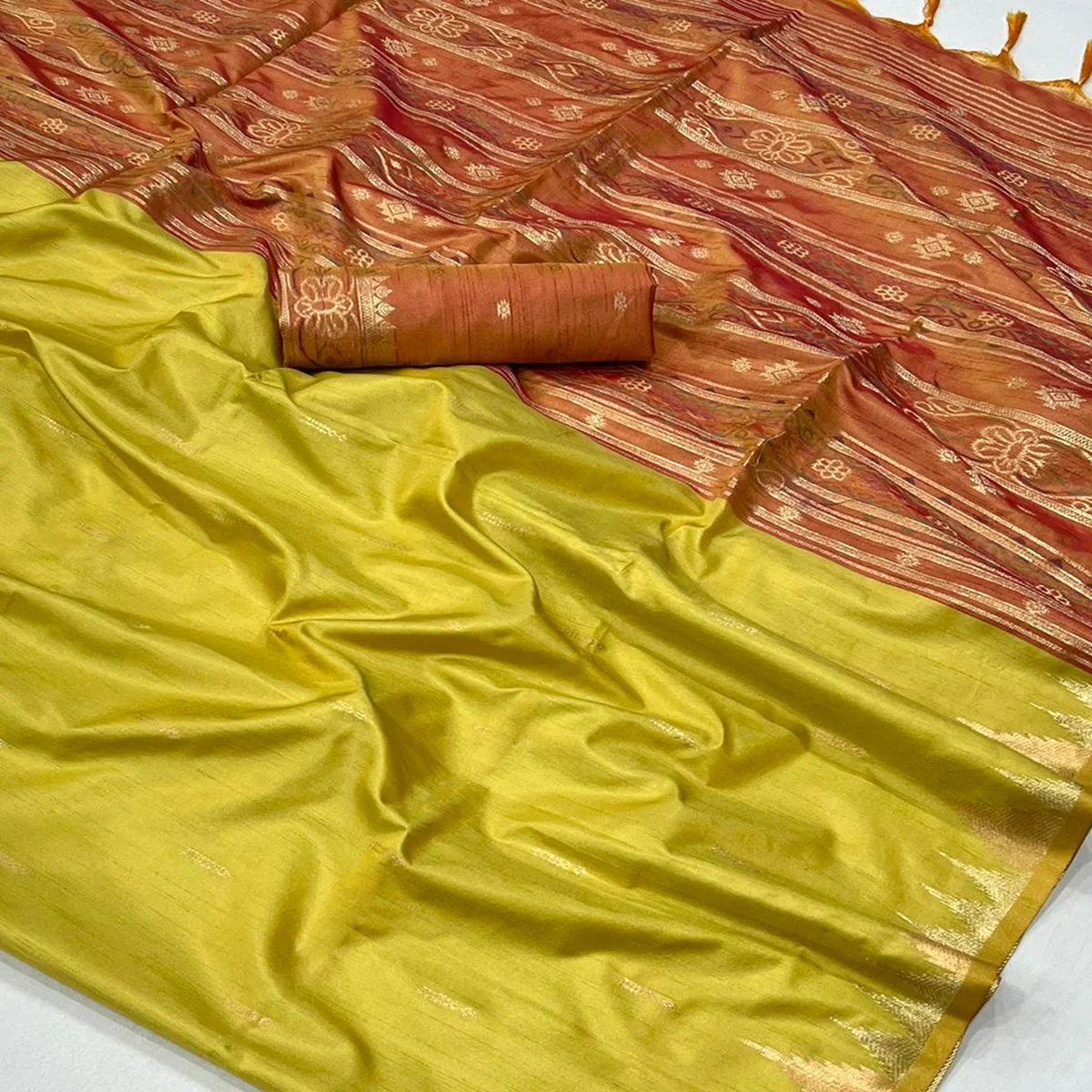 Lemon Yellow Zari Work Woven Tussar Silk Saree With Tassels - Image 2