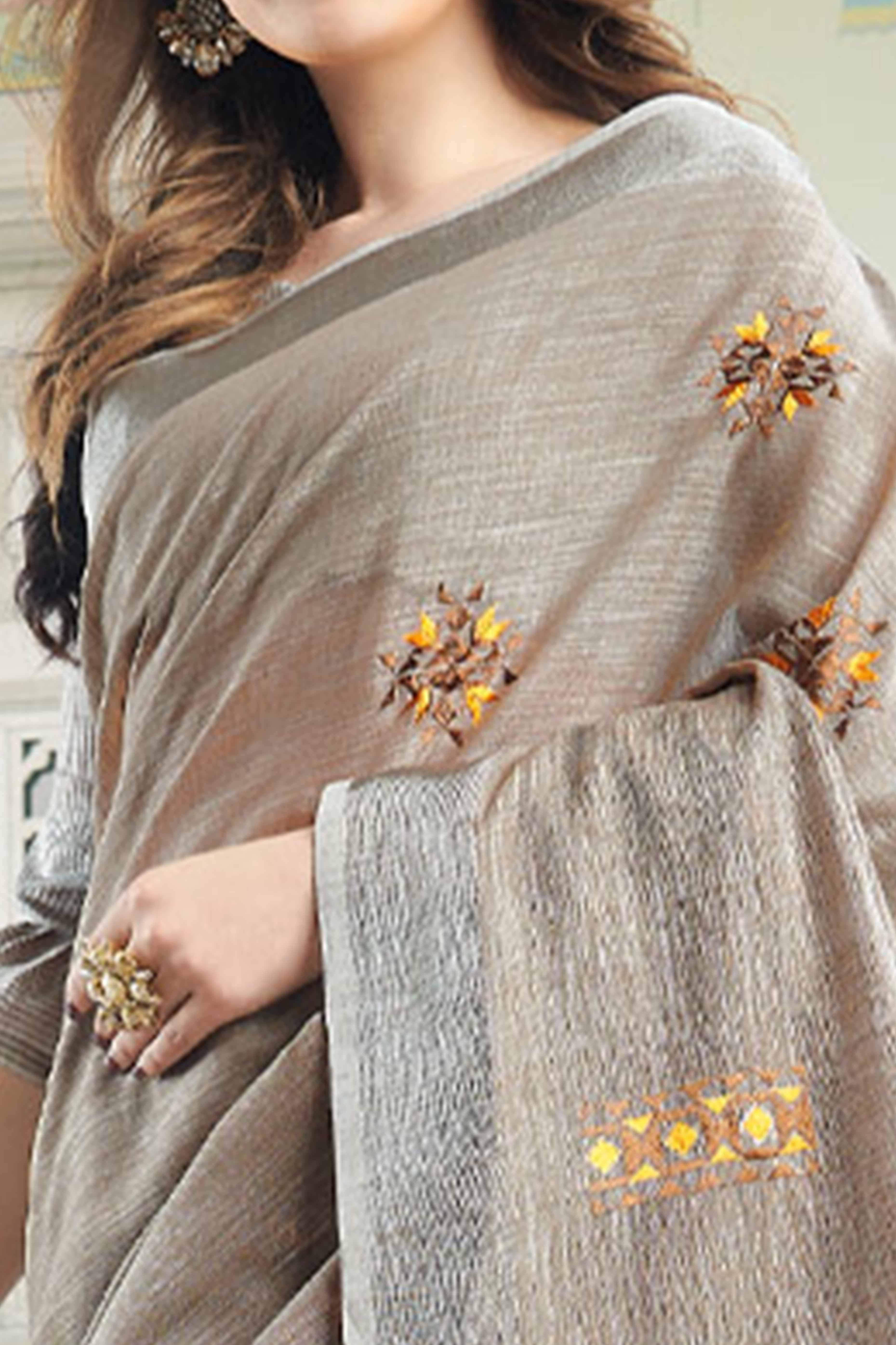 Light Beige Linen Saree with Intricate Floral Embroidery and Classic Weaving - Image 2