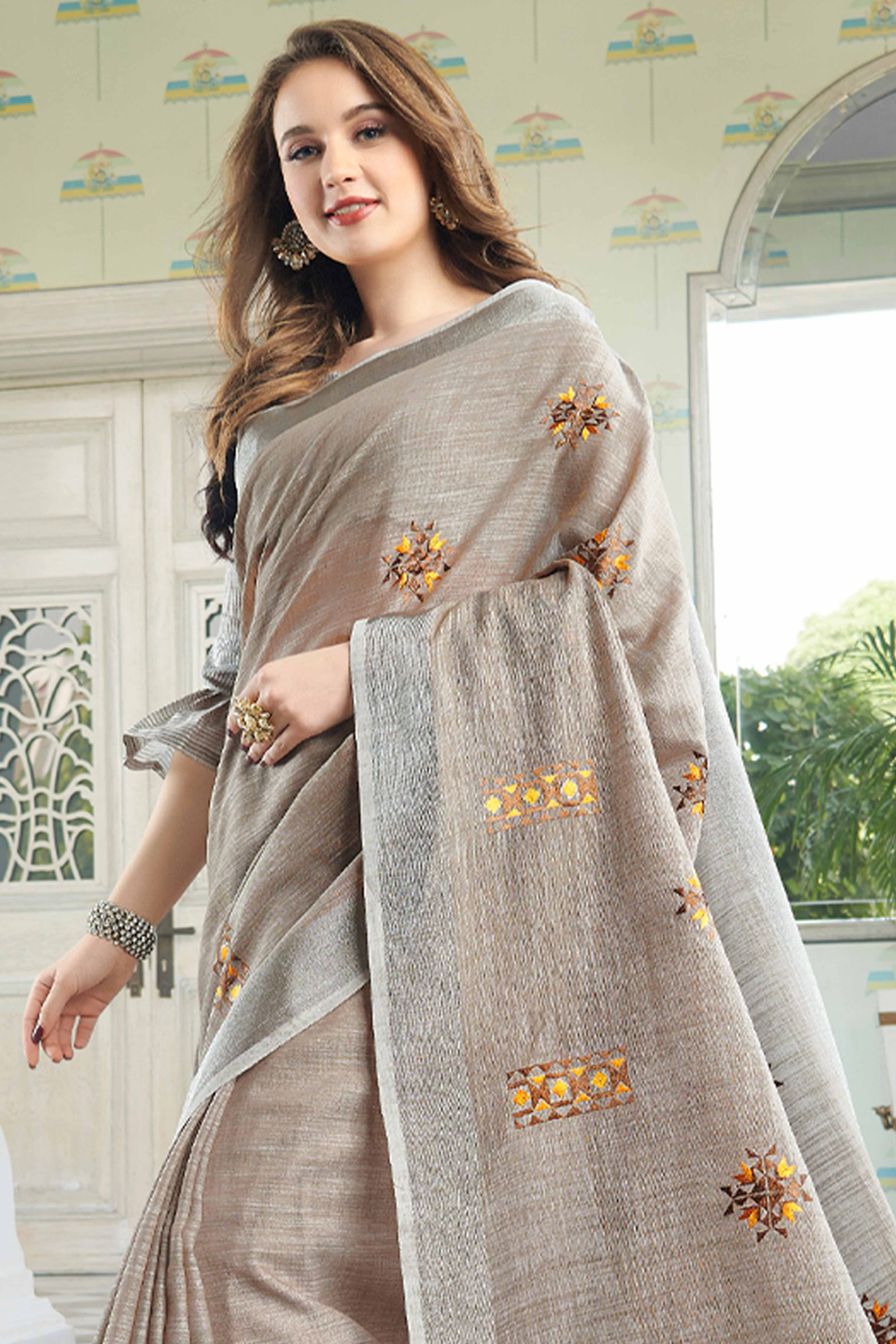 Light Beige Linen Saree with Intricate Floral Embroidery and Classic Weaving - Image 3