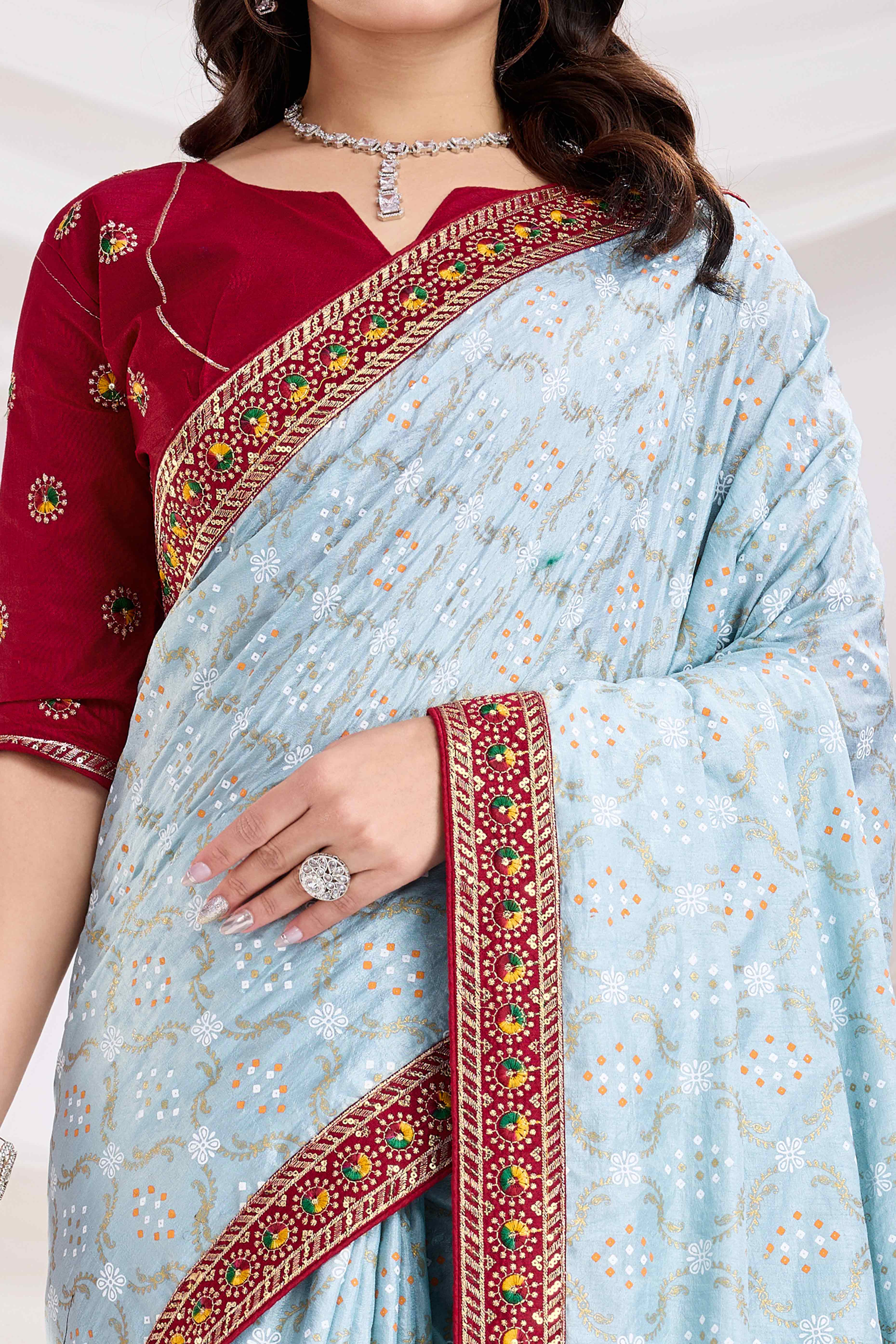 Light Blue Bandhani Printed Vichitra Silk Saree With Embroidery Border - Image 2