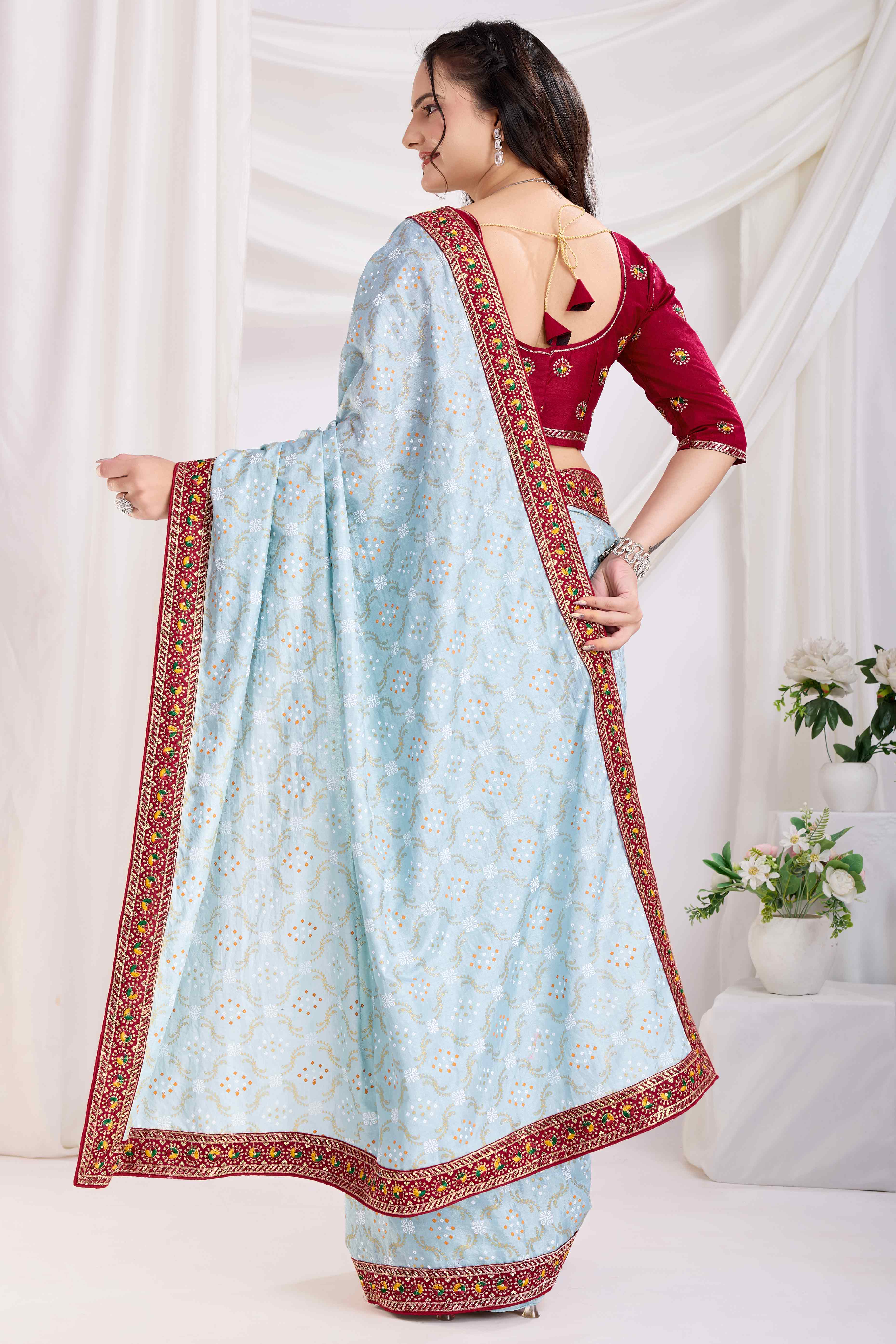 Light Blue Bandhani Printed Vichitra Silk Saree With Embroidery Border - Image 5
