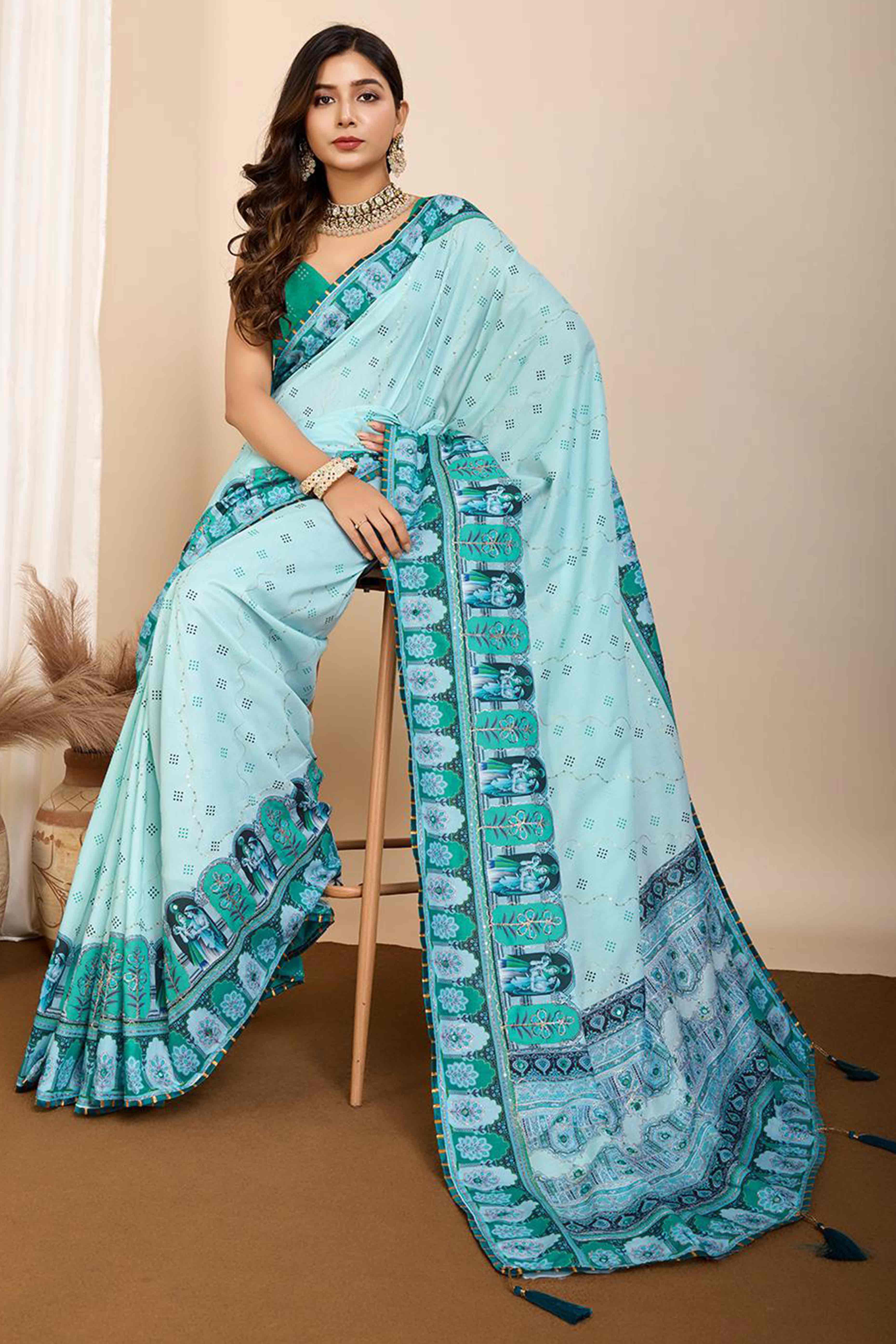 Light Blue Digital Printed With Mirror Embroidery Work Muslin Saree - Image 3