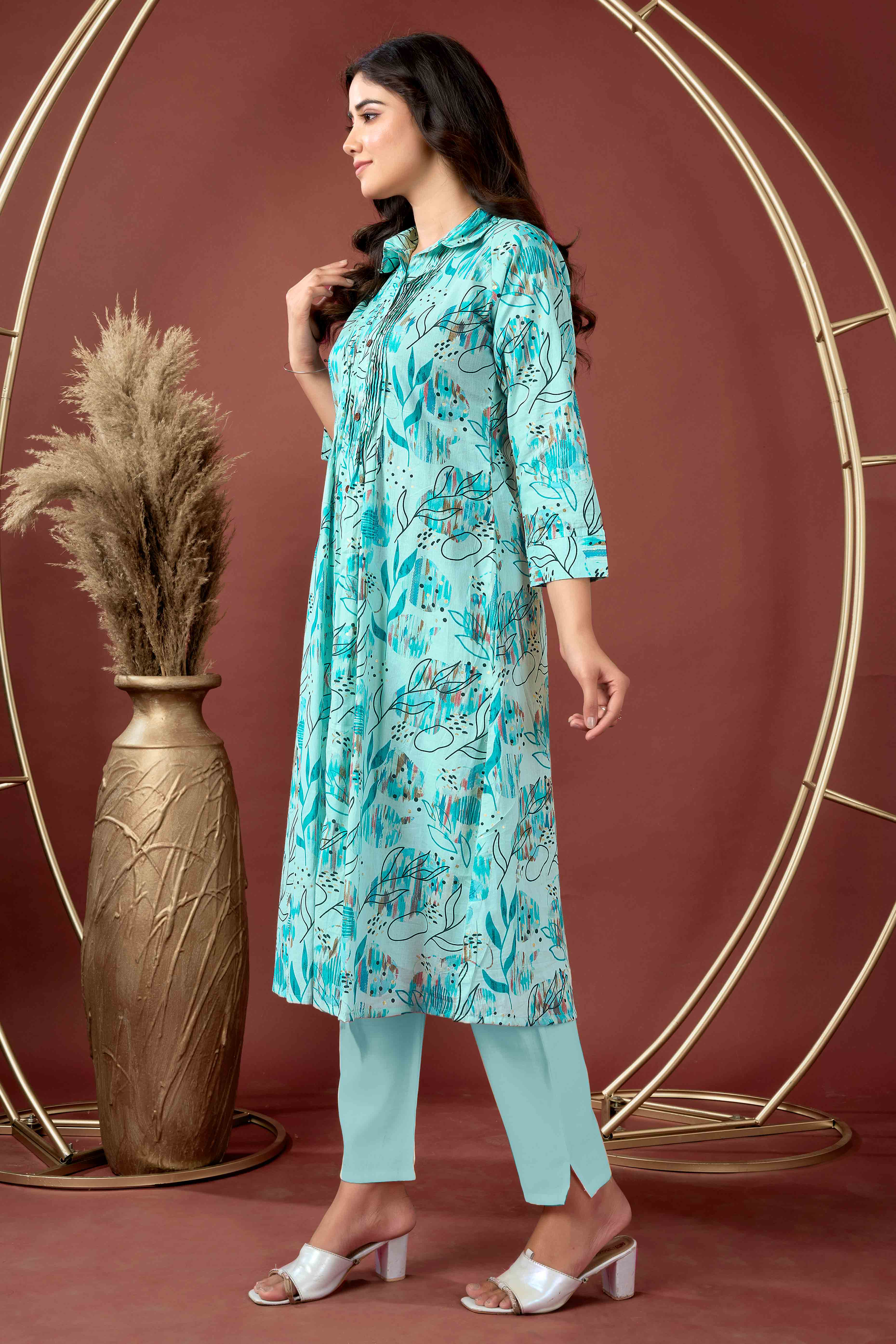 Light Blue Floral Printed Pure Cotton A-Line Kurti - Image 3