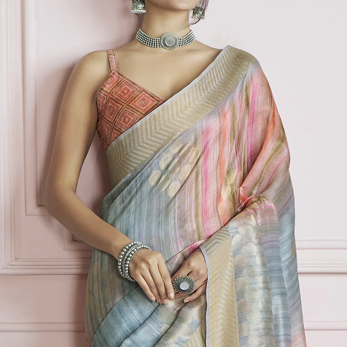 Light Blue Woven Cotton Silk Saree - Image 3