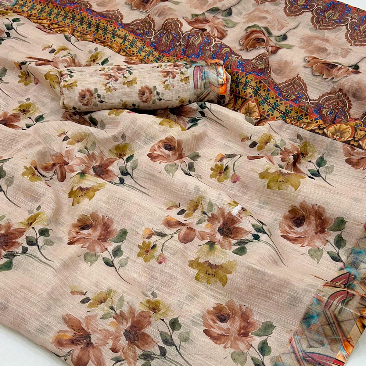Light Brown Floral Digital Printed Linen Saree With Zari Border - Image 2