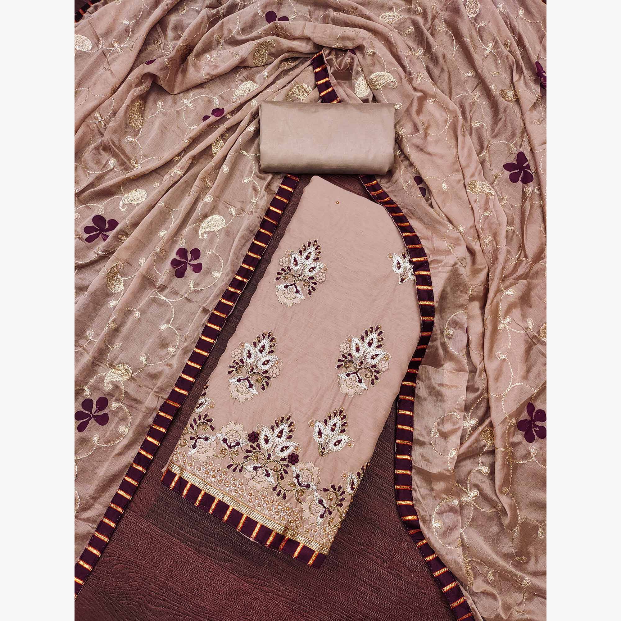 Light Brown Floral Embroidery With Moti Handwork Chanderi Silk Dress Material - Image 3