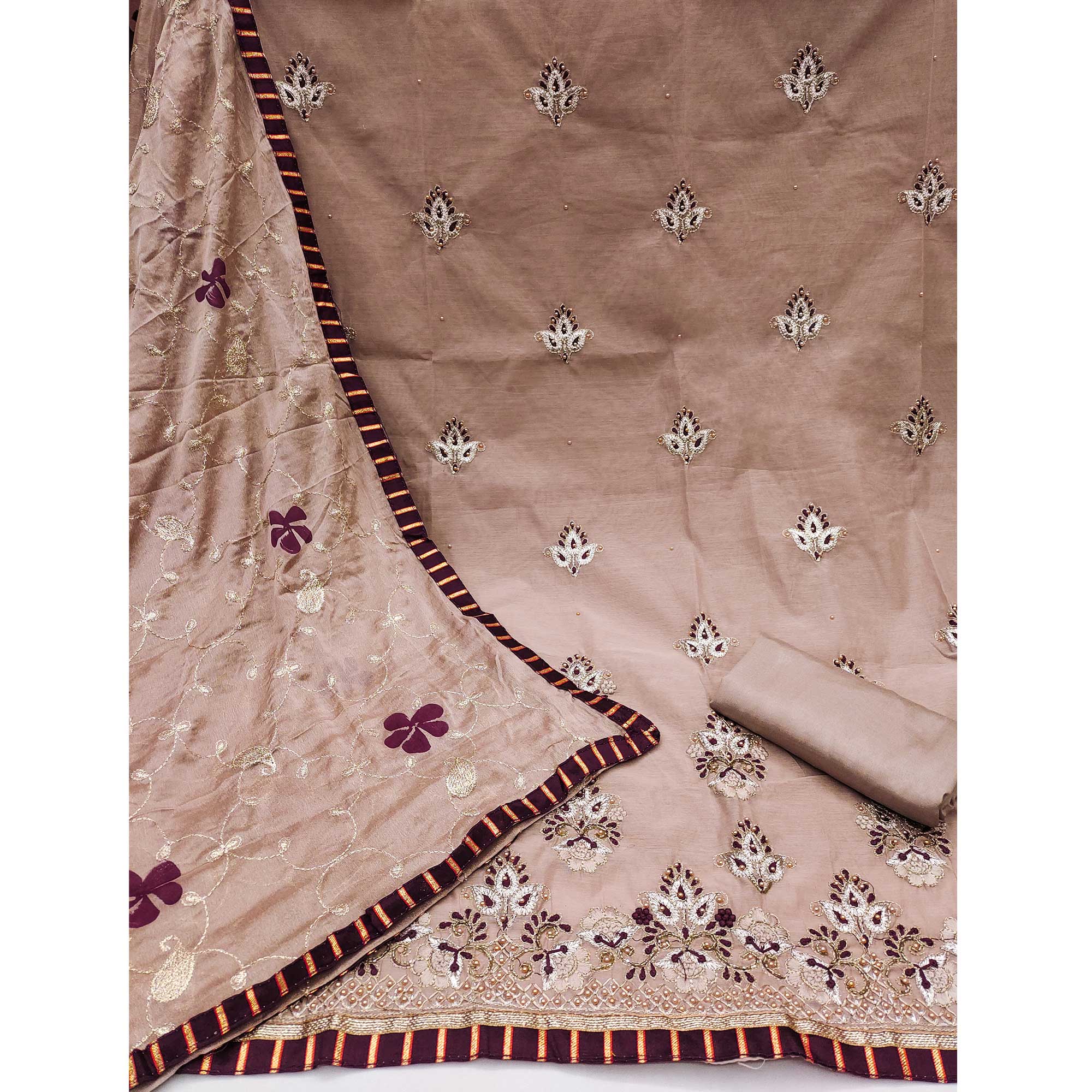 Light Brown Floral Embroidery With Moti Handwork Chanderi Silk Dress Material - Image 4