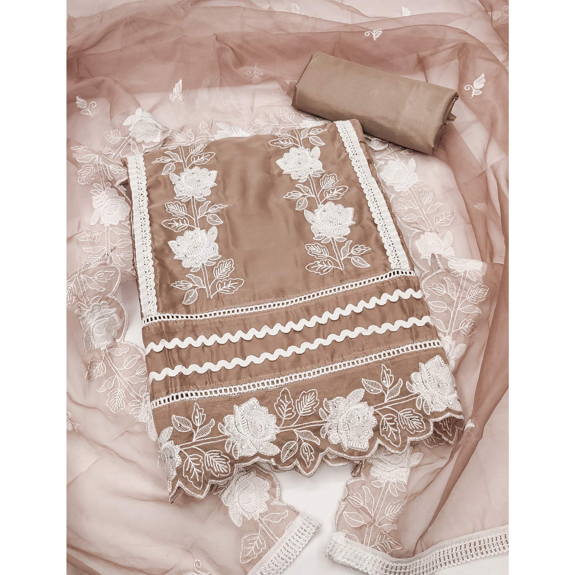 Light Brown Floral Embroidery With Stonework Organza Dress Material - Image 3