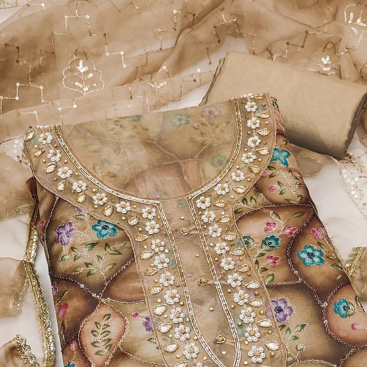 Light Brown Floral Sequins Embroidery With Handwork Organza Dress Material - Image 2