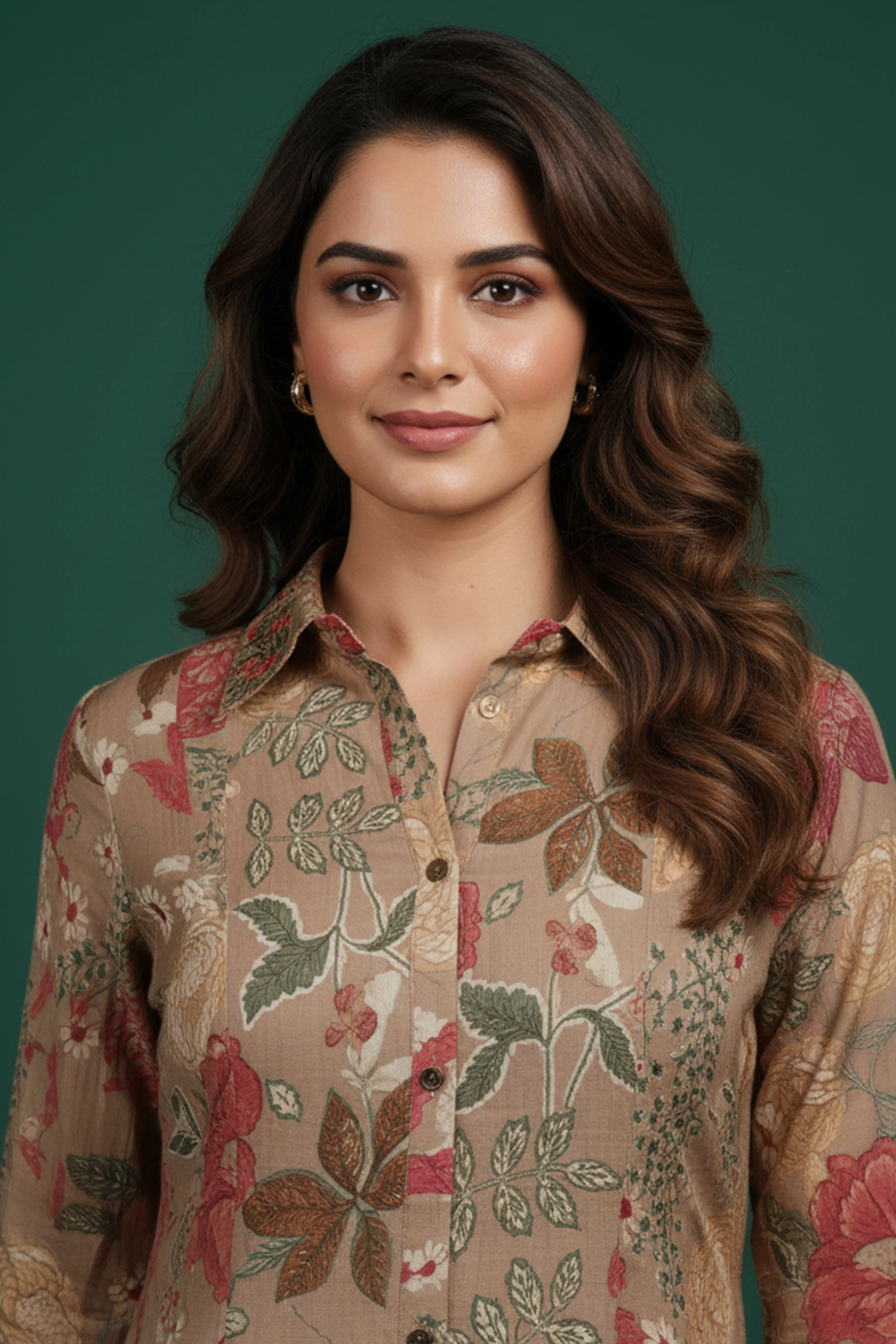 Light Brown Muslin A-Line Dress in Floral Print - Image 2