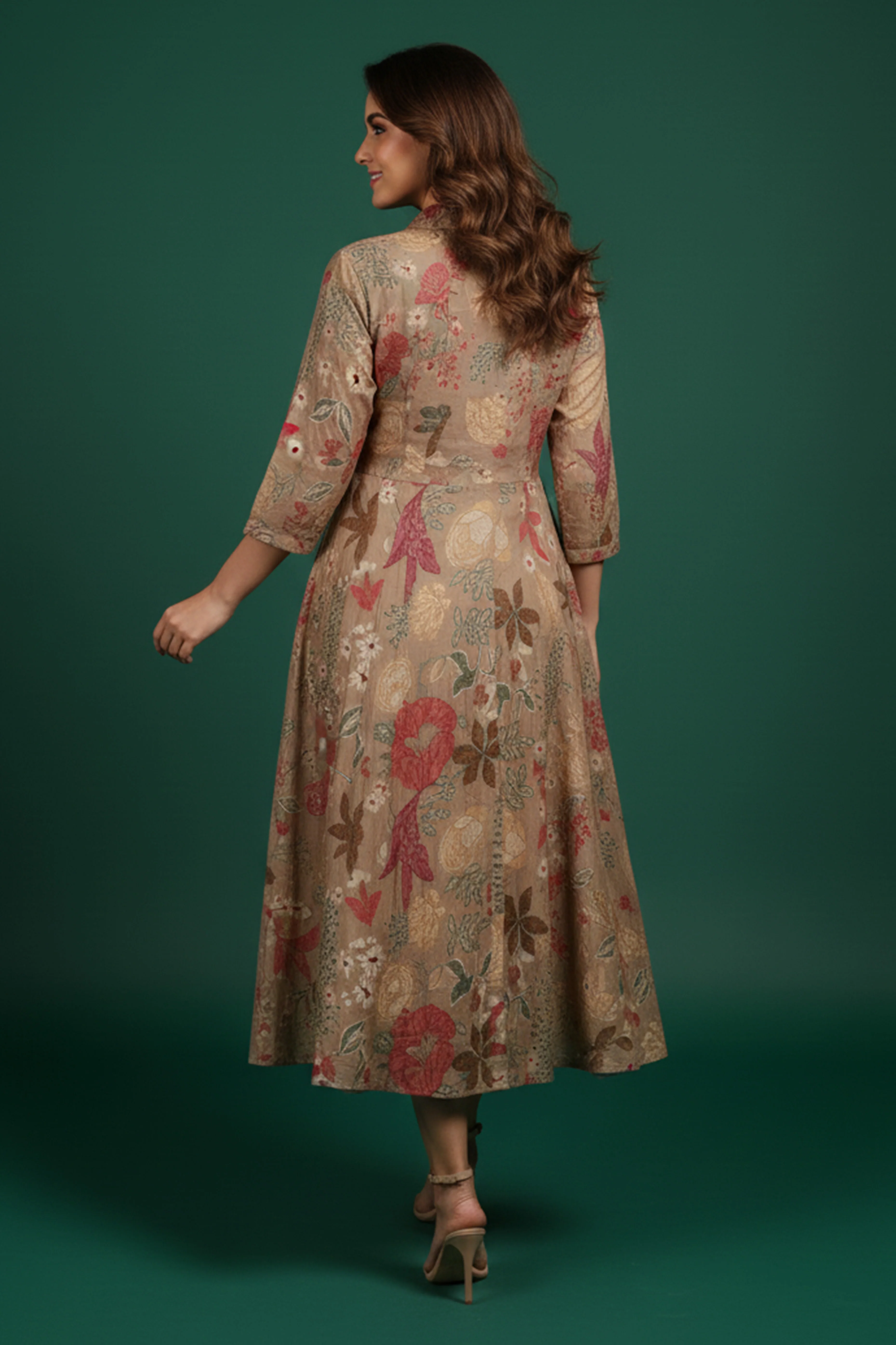 Light Brown Muslin A-Line Dress in Floral Print - Image 3