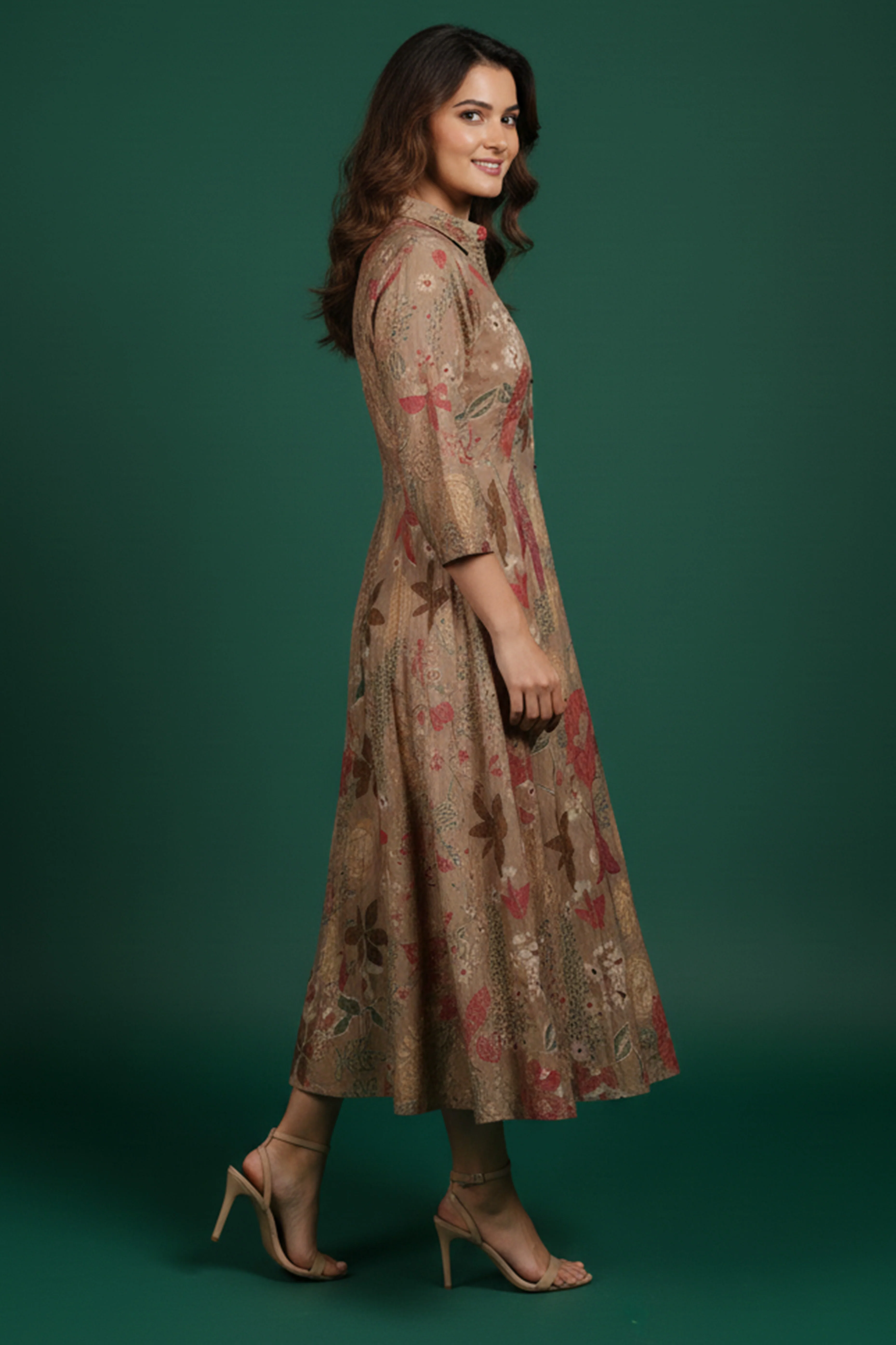 Light Brown Muslin A-Line Dress in Floral Print - Image 4