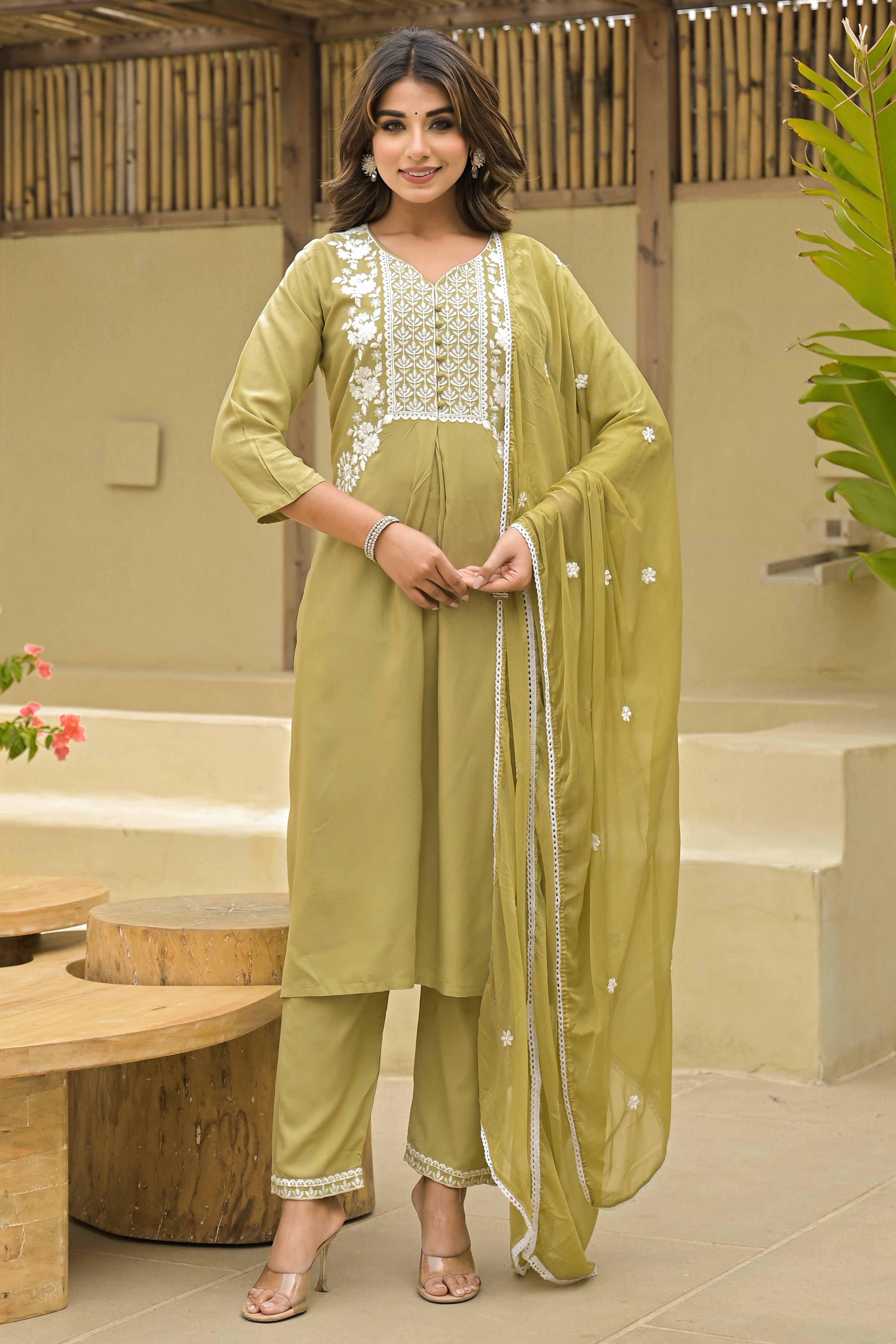 Light Chikoo Floral Embroidered Rayon Salwar Suit - Image 5