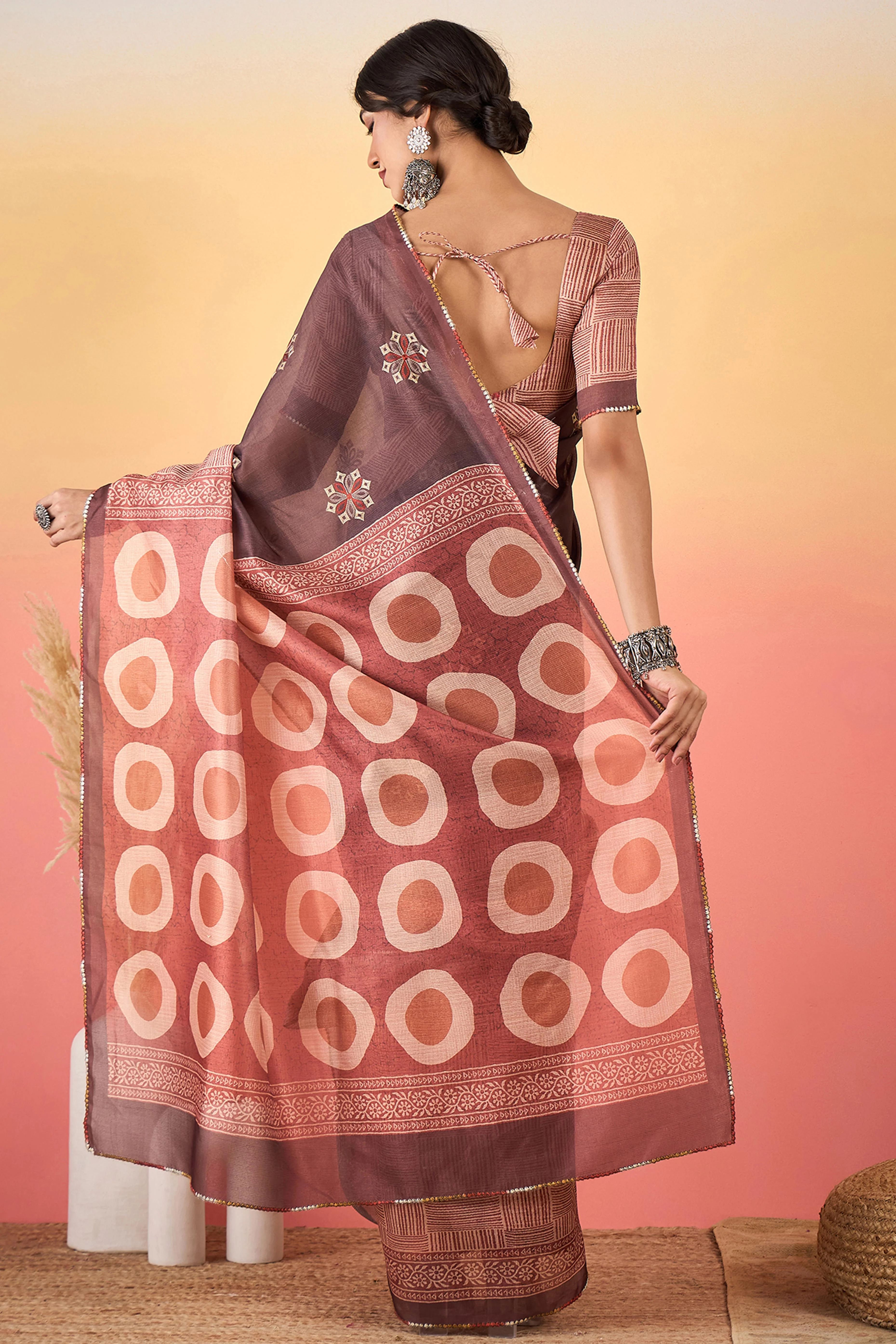 Light Coffee Brown Floral Embroidered Saree Made from Premium Lightweight Silk Blend Material - Image 5