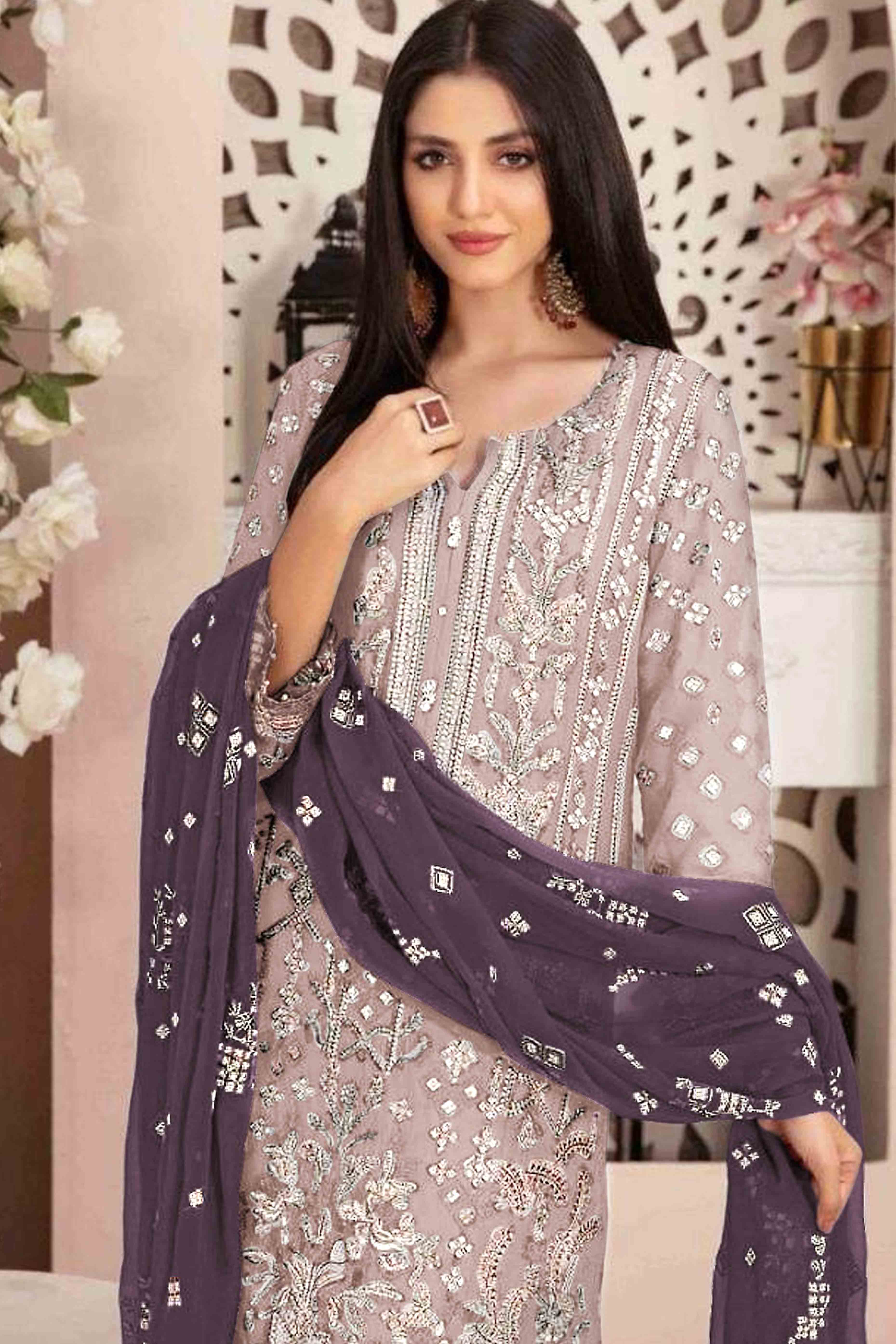 Light Coffee Brown Floral Embroidered With Handwork Georgette Semi Stitched Pakistani Suit - Image 3