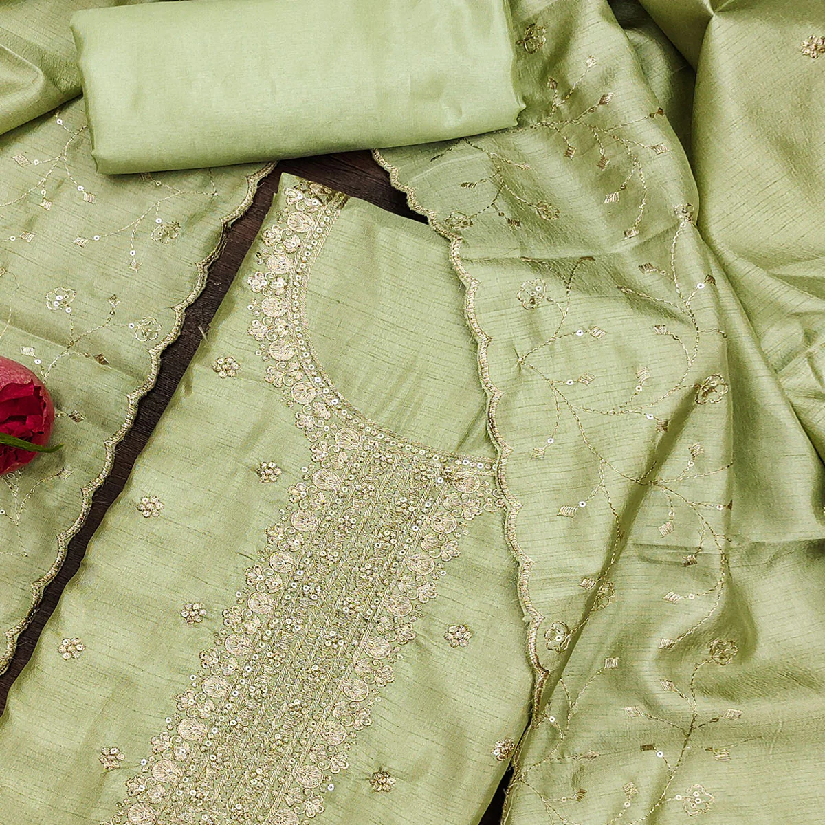Light Green Cotton Silk Unstitched Dress Material Featuring Delicate Jalpari Embroidery - Image 2
