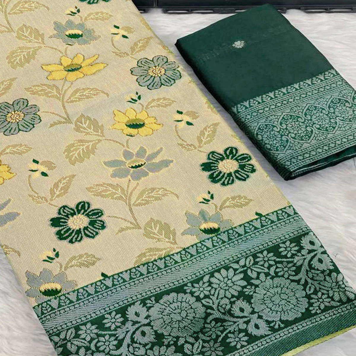 Light Green & Dark Green Designer Tissue Saree with Zari Weaving - Image 2