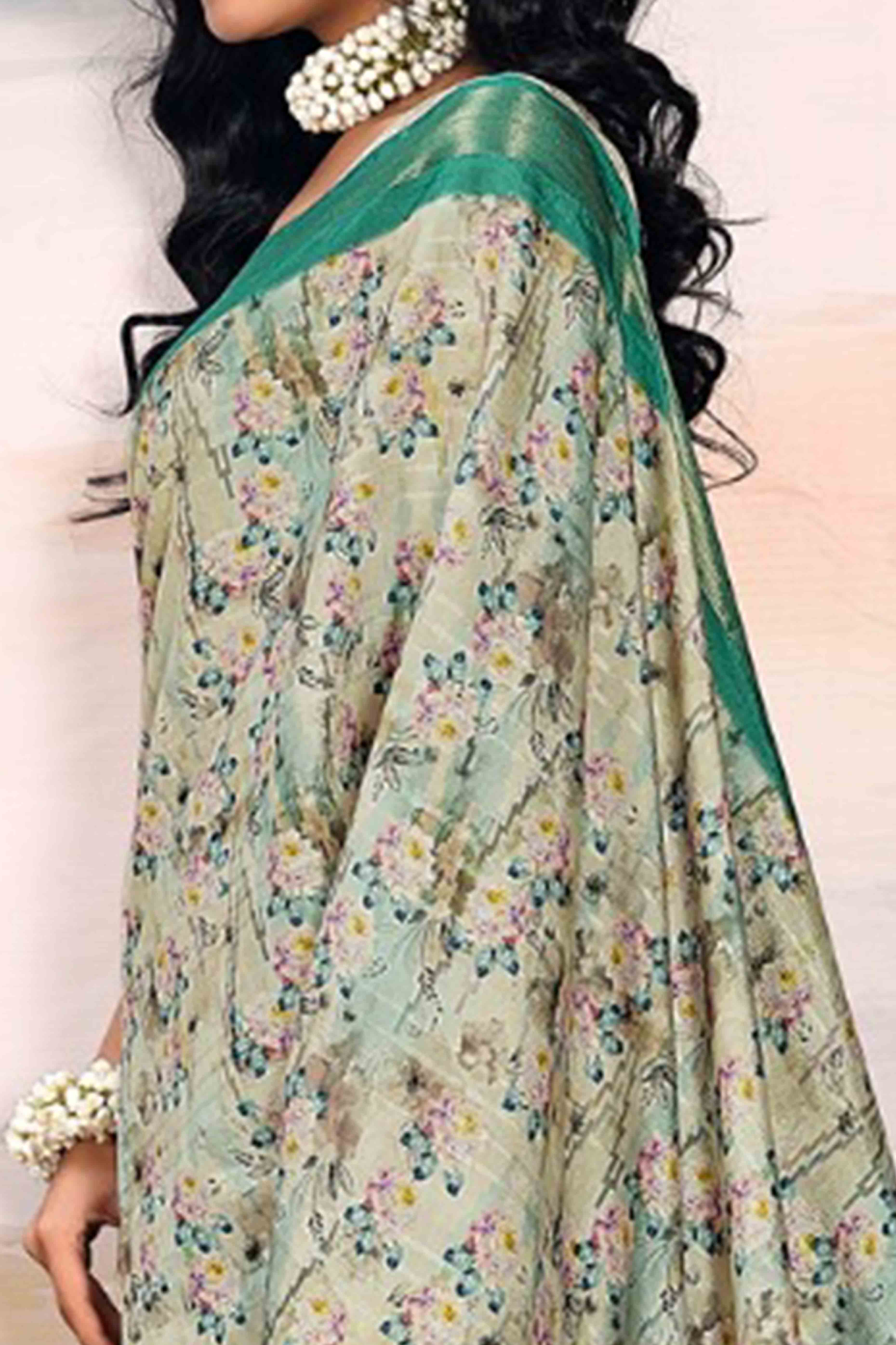 Light Green Digital Printed Saree in Soft Cotton Silk Fabric - Image 2