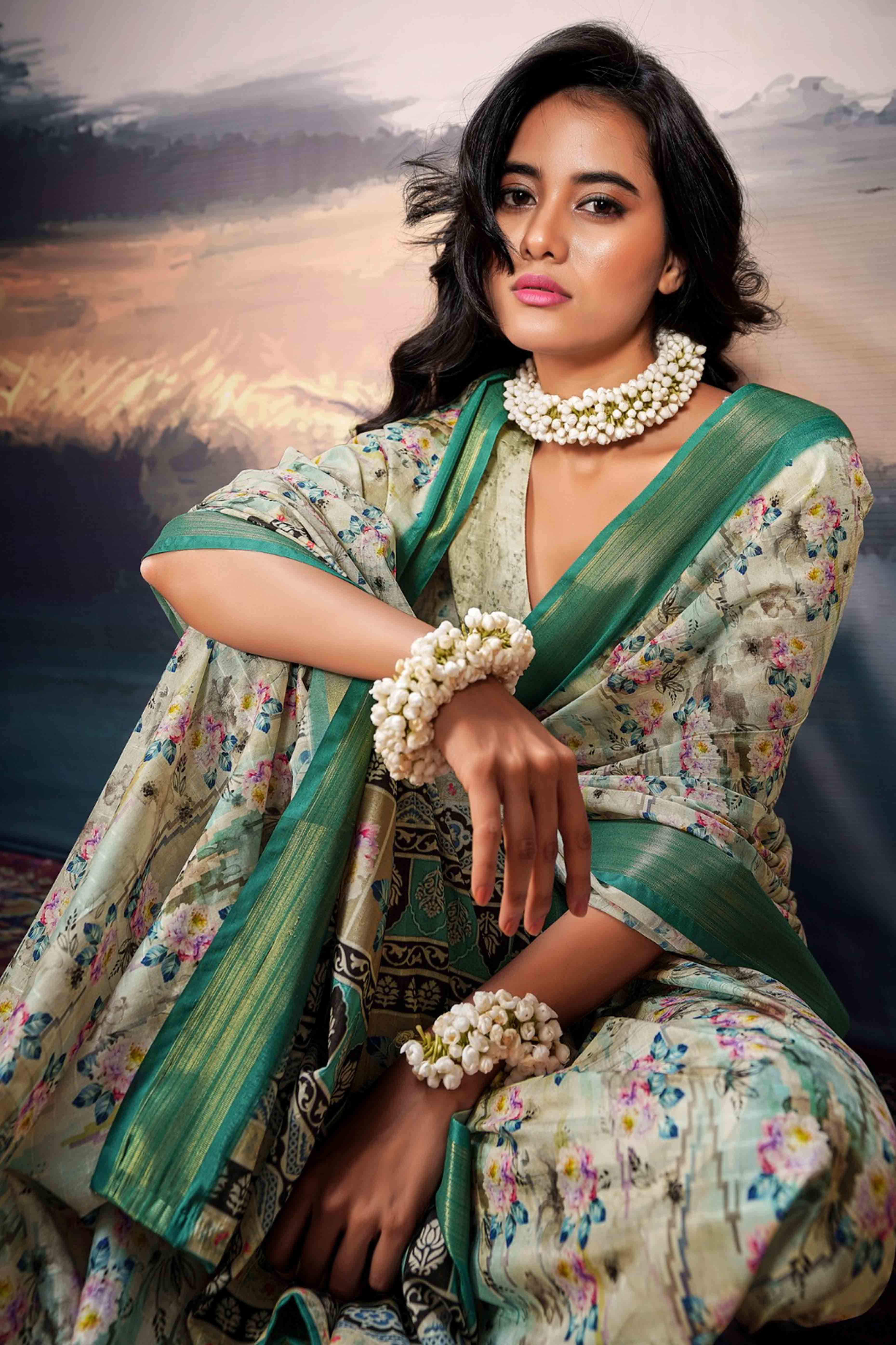 Light Green Digital Printed Saree in Soft Cotton Silk Fabric - Image 3