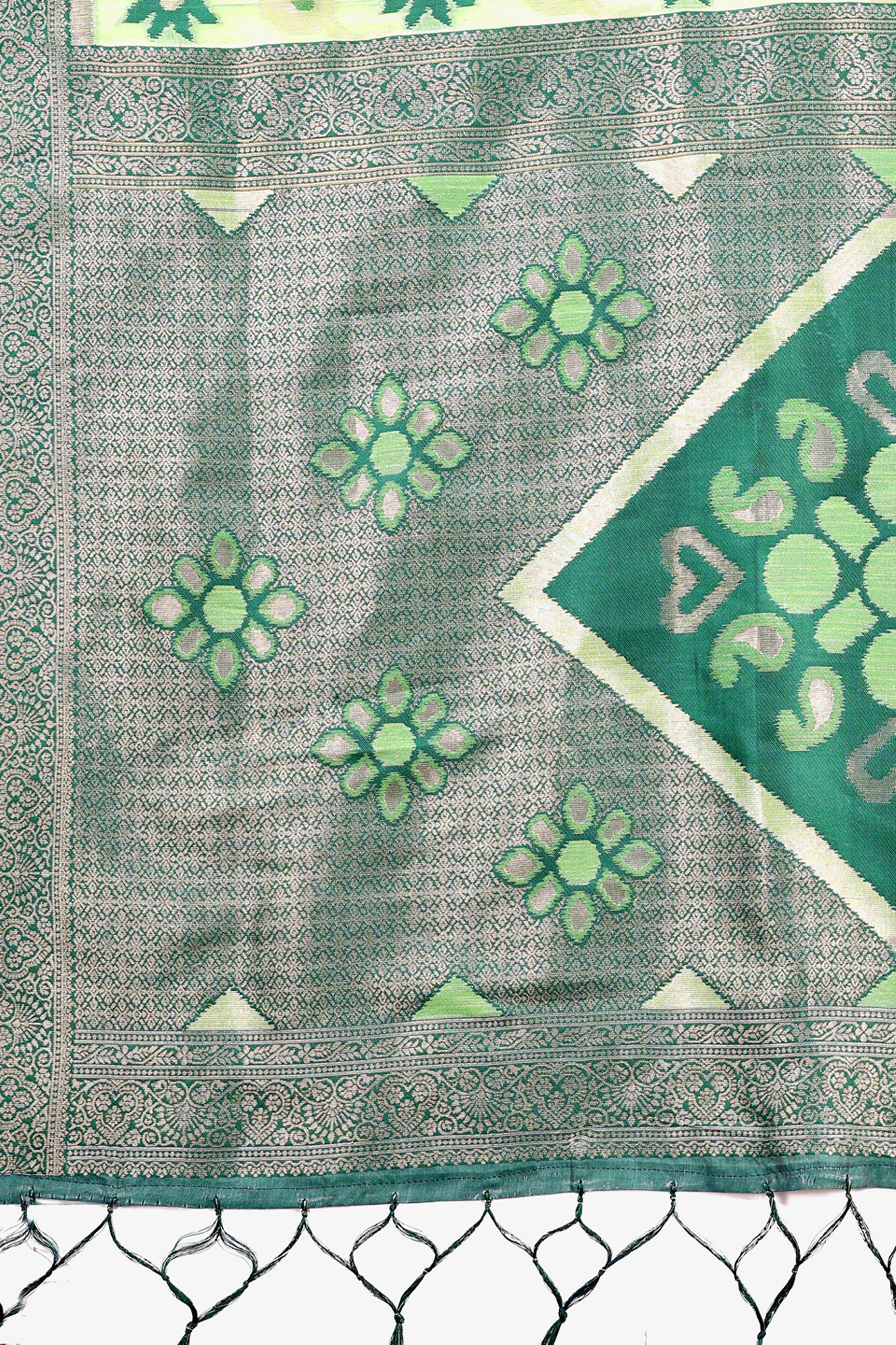 Light Green Ethnic Saree in Linen Cotton Fabric with Intricate Floral Pattern Weaving - Image 6
