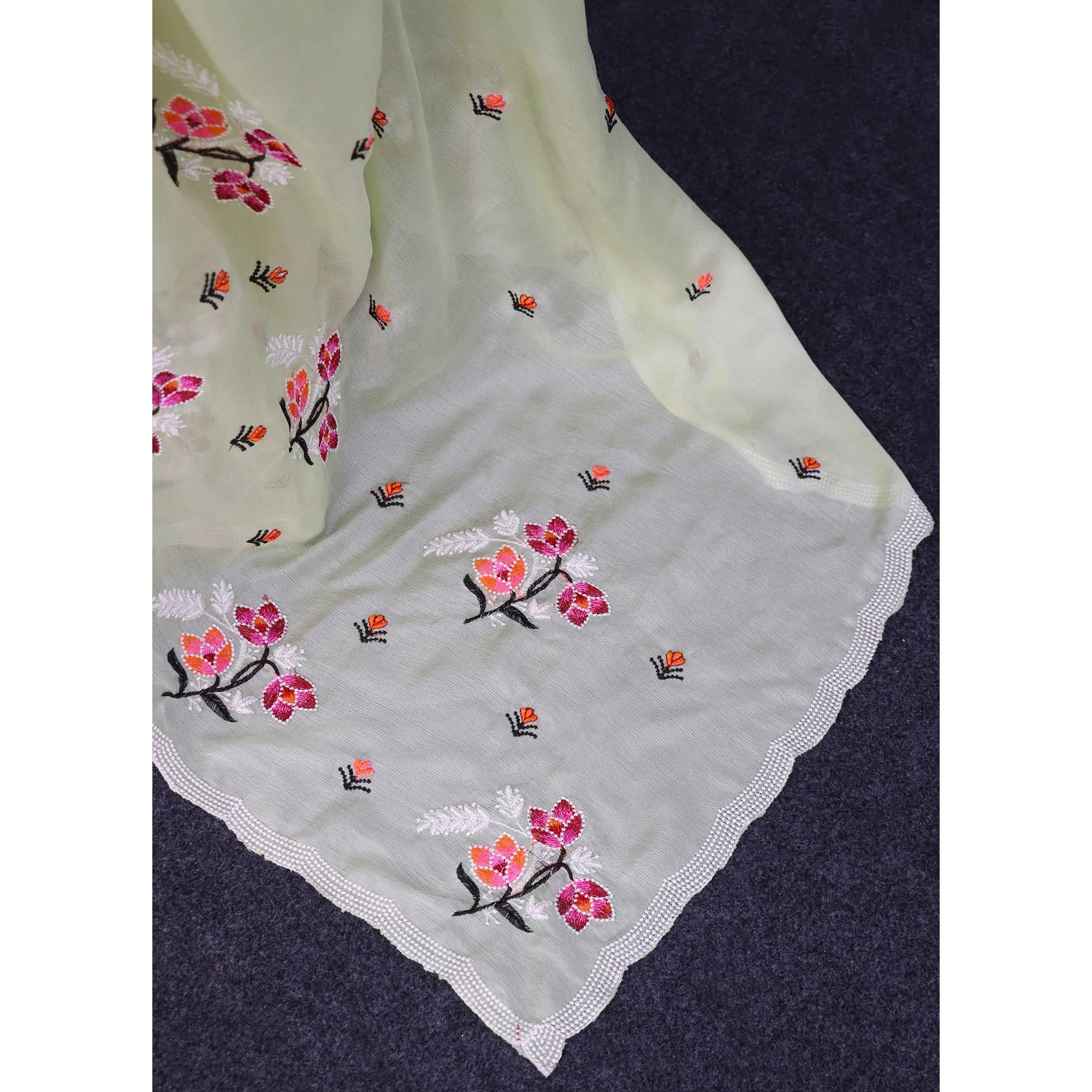 Light Green Floral Embroidered Chiffon Saree - Image 5