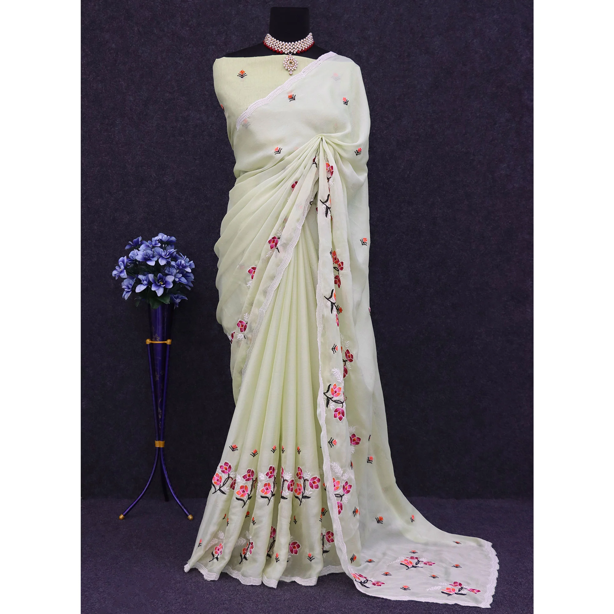 Light Green Floral Embroidered Chiffon Saree - Image 6