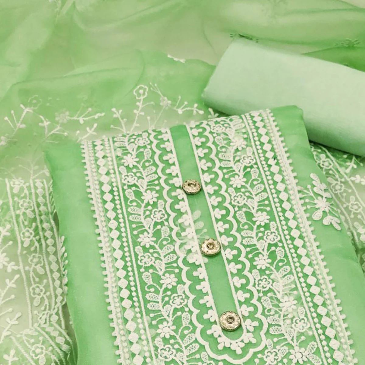 Light Green Floral Embroidered Organza Dress Material - Image 2
