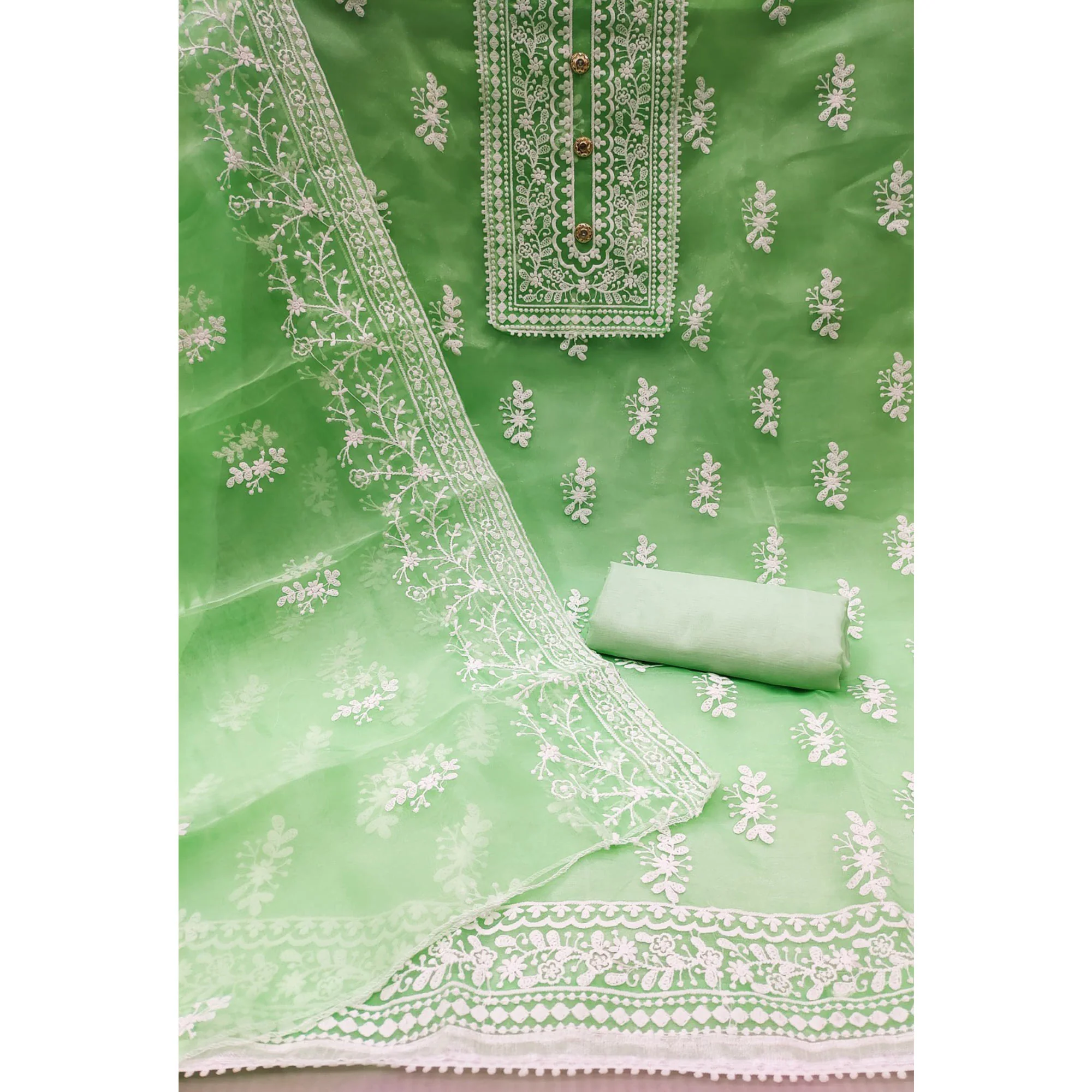 Light Green Floral Embroidered Organza Dress Material - Image 3